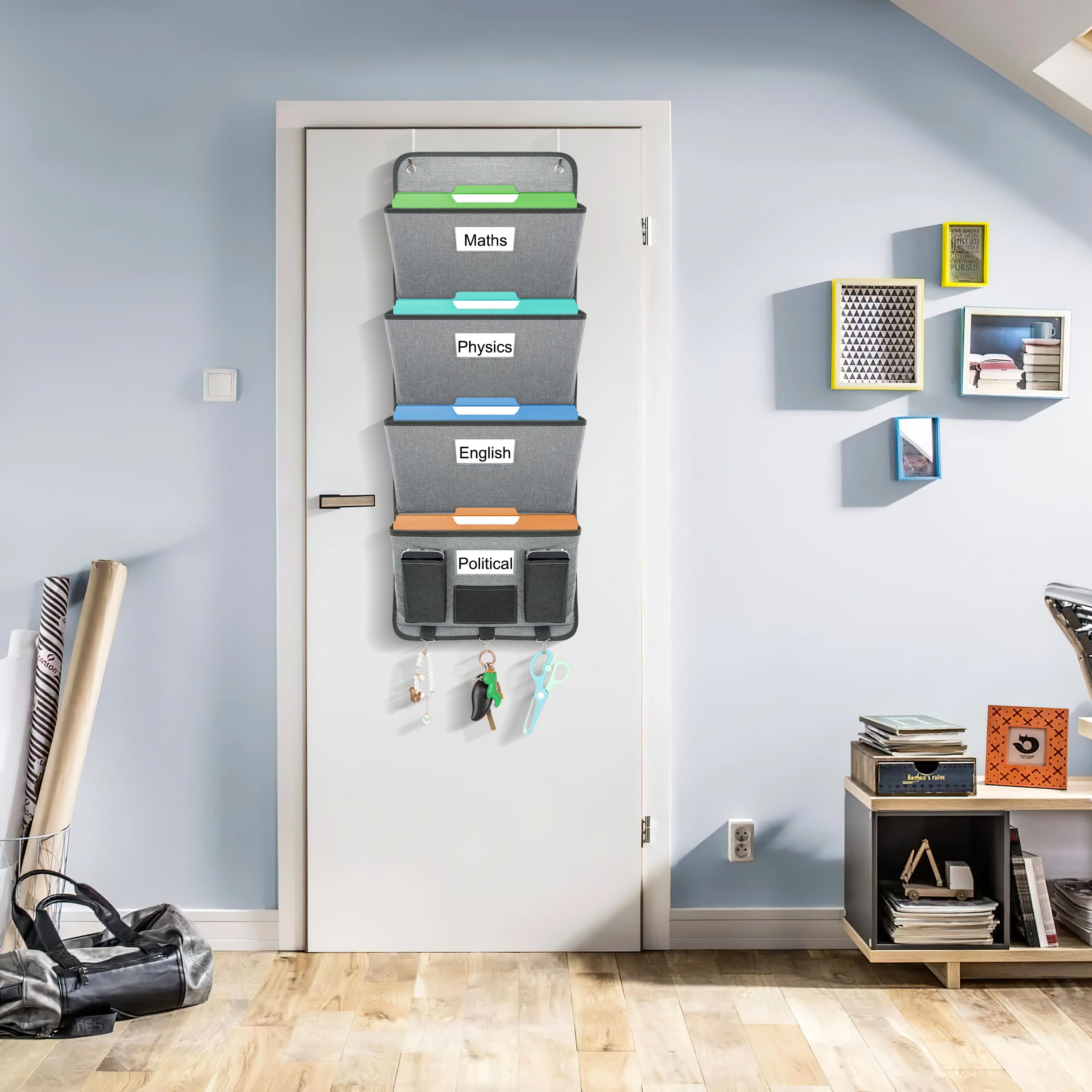 Jeesblsy Hangende organizer, kantoormap voor aan de muur met 4 grote zakken, tijdschriftenhouder om op te hangen, hangkaart, trapsgewijze