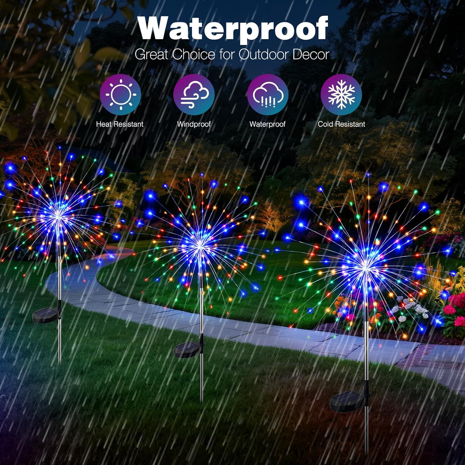 Image showing solar firework lights in the rain, with icons indicating heat resistant, windproof, waterproof, and cold resistant features.