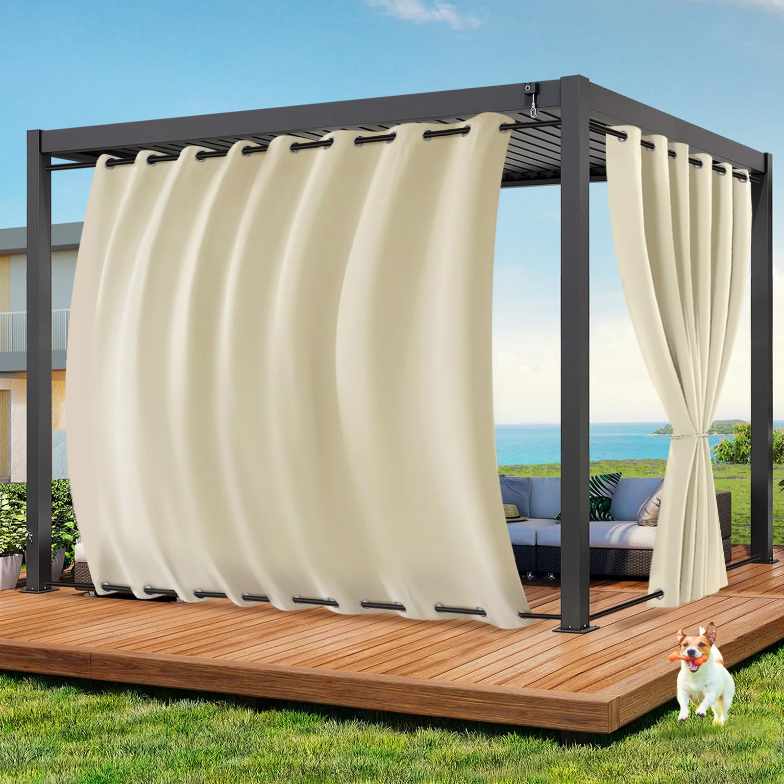 Vorhang Outdoor Wetterfest B254xH274CM, Wasserdicht Outdoorvorhänge mit Ösen, Aussen Gardinen Winddicht Sonnenschutz Sichtschutz für Garten Terrasse Balkon Pergola Pavillon (Beige)