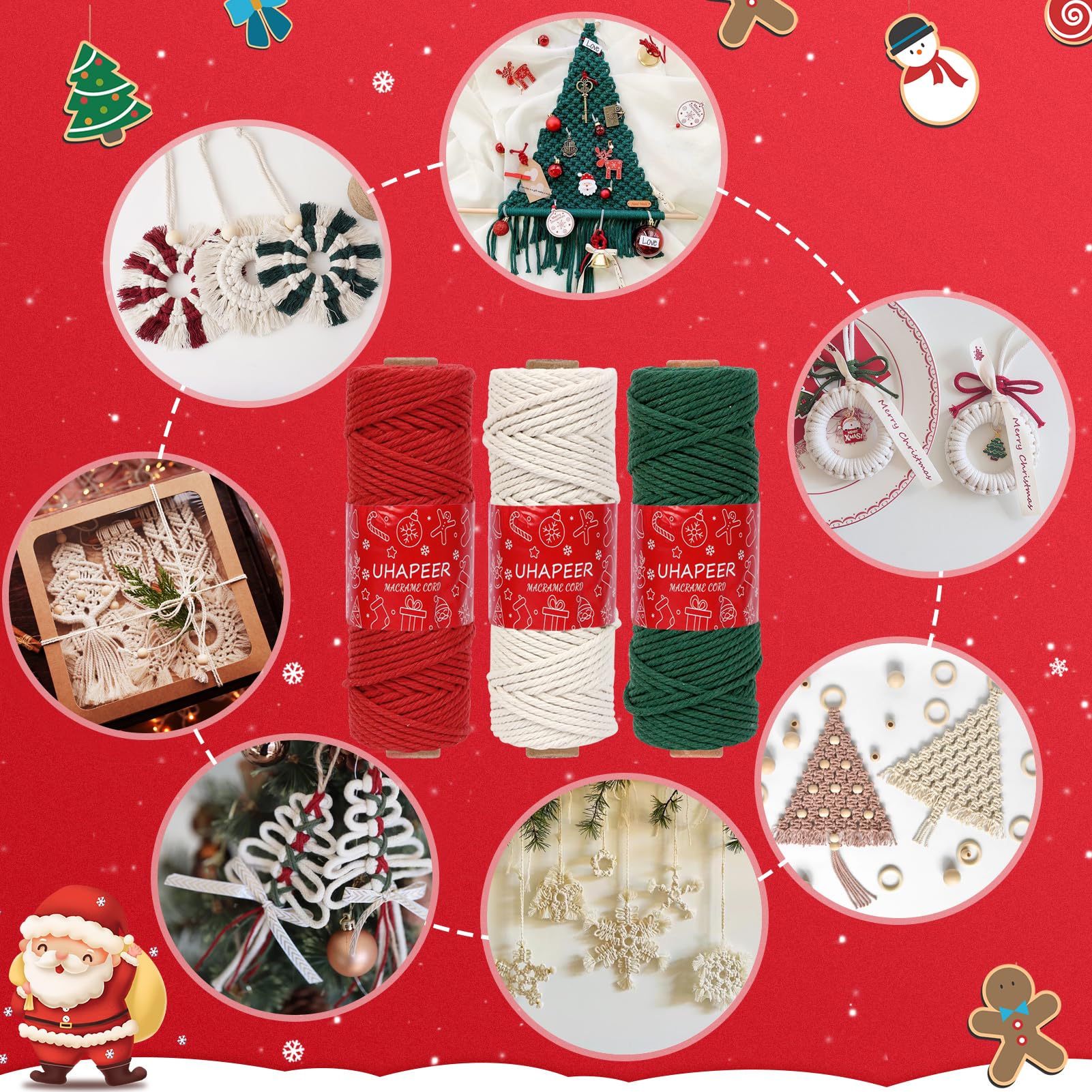 UHAPEER Kit macramè per Natale, 150 m, kit macramè per principianti adulti con istruzioni/video, cotone naturale, anello/bastone in legno, kit macramè per albero di Natale, decorazione albero di