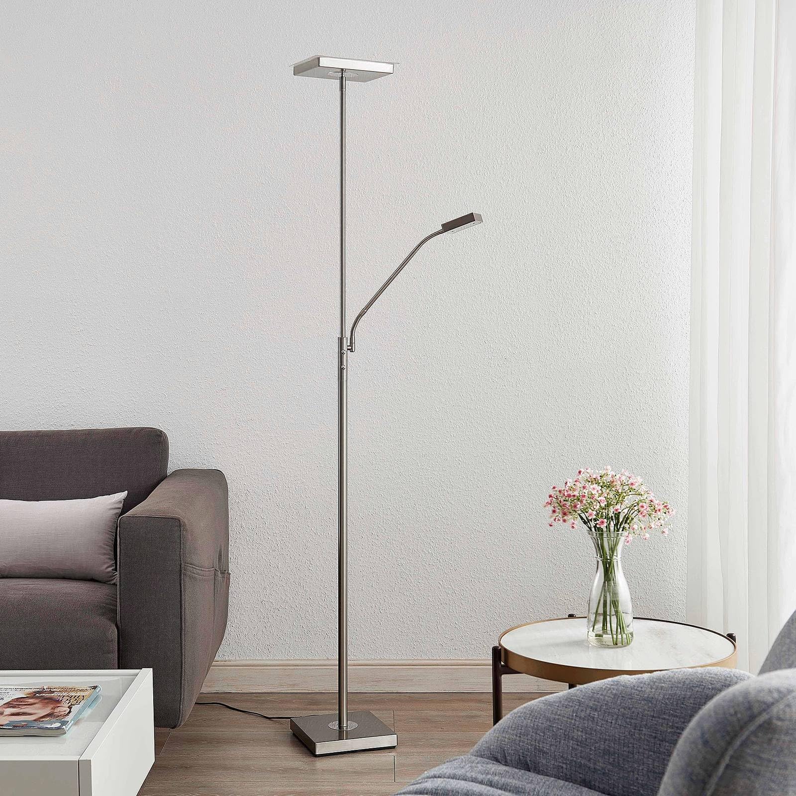 Lindby LED Stehlampe, Deckenfluter dimmbar verstellbarer Lesearm Standleuchte Metall Glas Standlampe Wohnzimmerlampe Leselampe