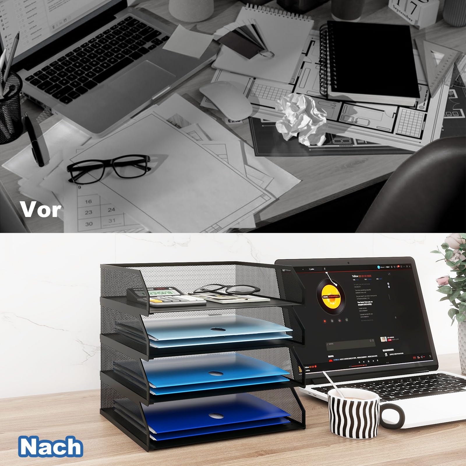 PUNCIA Dokumentenablage A4 Briefablage 4 Stück aus Metall Stapelbar Schwarz | Papierablage Aktenablage Dokumentenhalter Aktenaufbewahrung Ablagefächer Schreibtisch Organizer für Büro Schule Arbeitszimmer