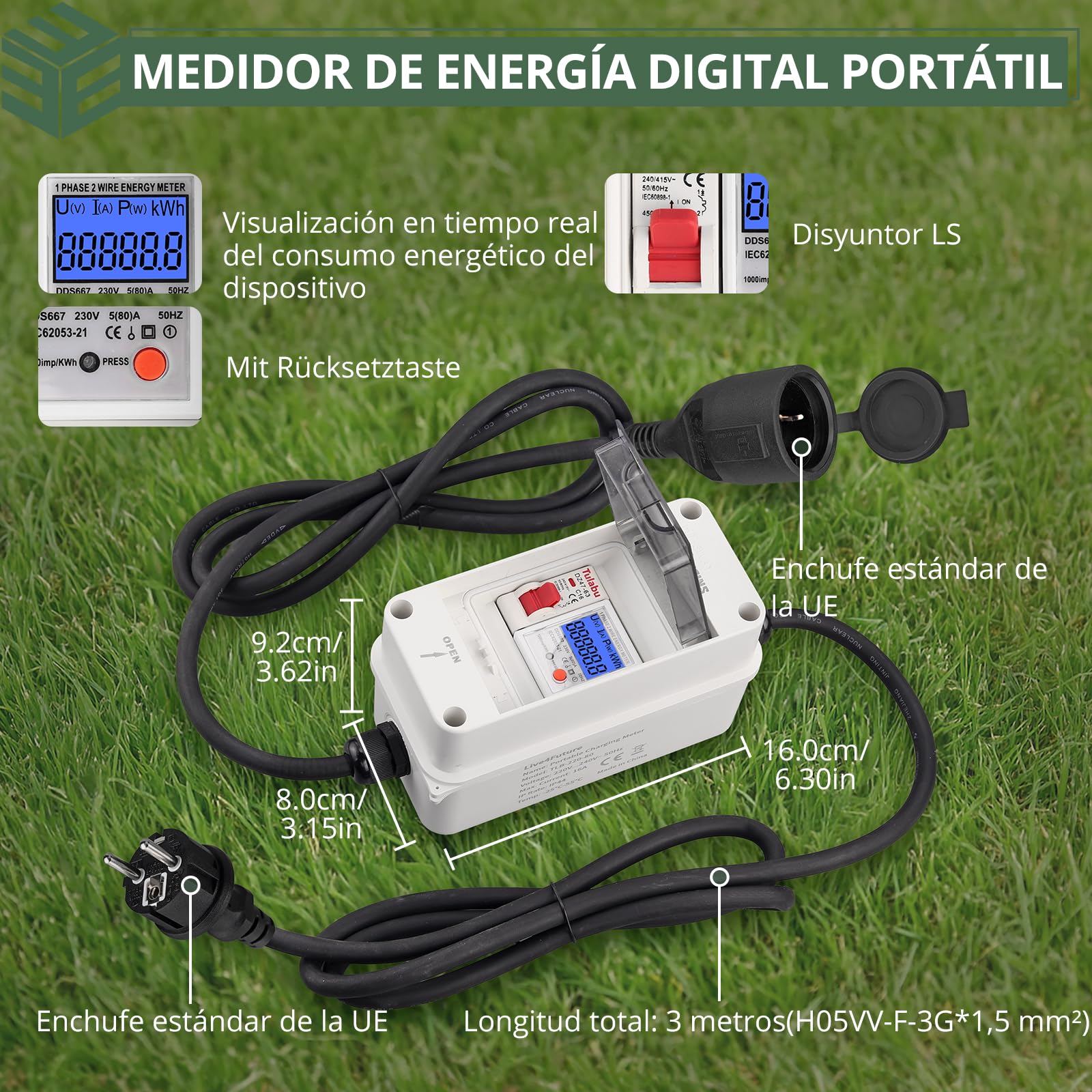 EYPINS Medidor de Electricidad Digital Móvil 80A 230V, Medidor de Consumo Electrico con Disyuntor LS, 3m Medidor Móvil de KWH con Cable de Goma de 1,5㎡, Portátil e Impermeable IP65