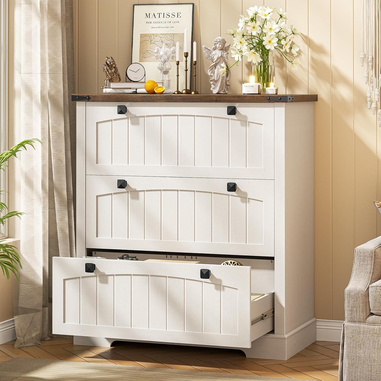 Lateral File Cabinet with 3 Drawers, Farmhouse File Cabinet for Letter/a4/Legal Size Hanging Files, Large Wood File Storage Cabinets Printer Stand for Home Office Cabinets, Rustic White and Brown