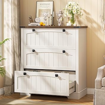 Lateral File Cabinet with 3 Drawers, Farmhouse File Cabinet for Letter/a4/Legal Size Hanging Files, Large Wood File Storage Cabinets Printer Stand for Home Office Cabinets, Rustic White and Brown