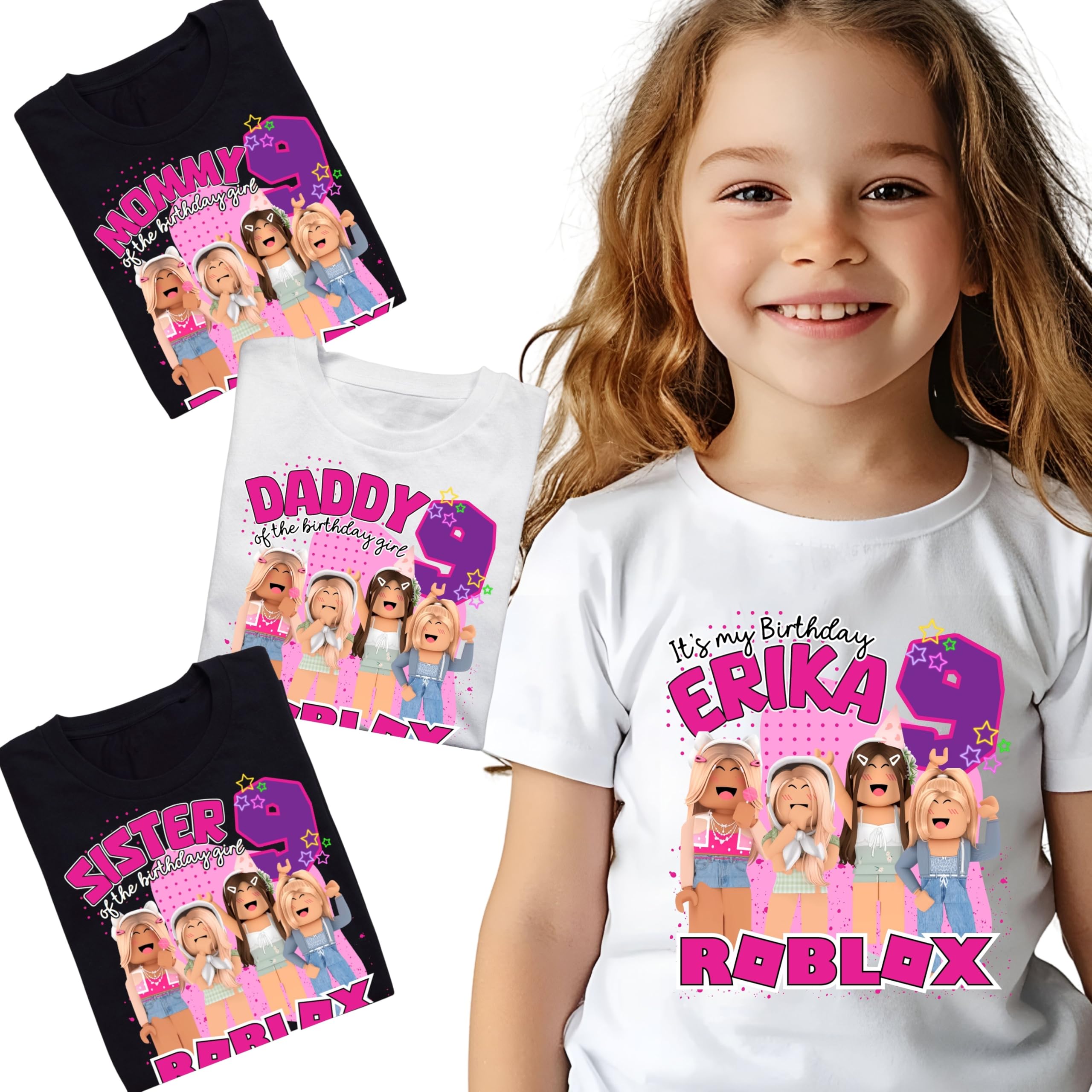 HandmadeCustom Birthday Family Matching Shirts Family Personalized Shirts Robux Characters T-Shirts Video Games t-Shirt, Blocks Birthday Girl Shirt Camiseta personalizada de Video Juegos White,Black