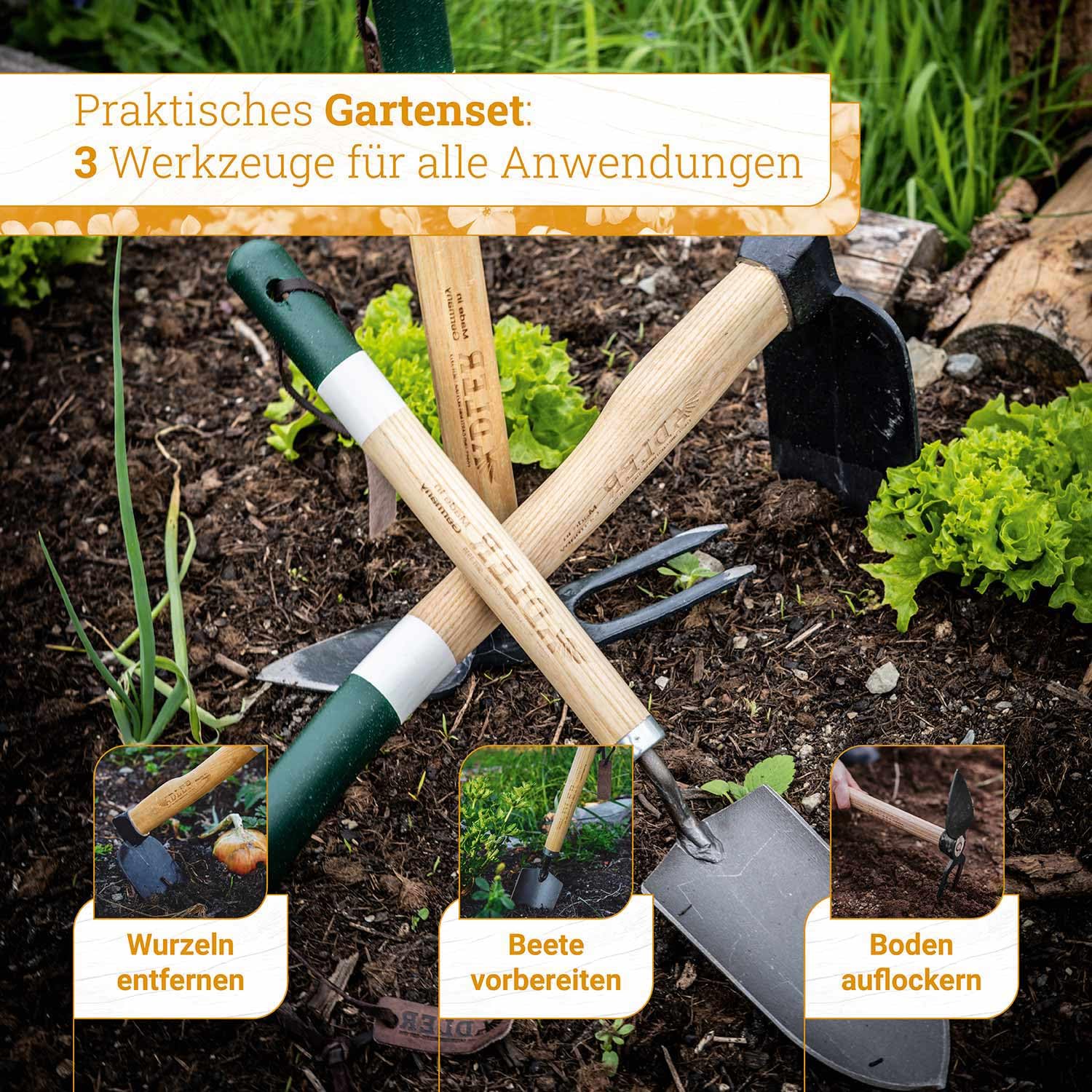 ADLER Set da giardino 3 pezzi – zappa forgiata Ivy & Cazzuola Holly – 45 cm manico in legno di frassino, certificato FSC® – Made in Germany (Daisy – 2 denti con foglia di cuore – rosa/bianco)