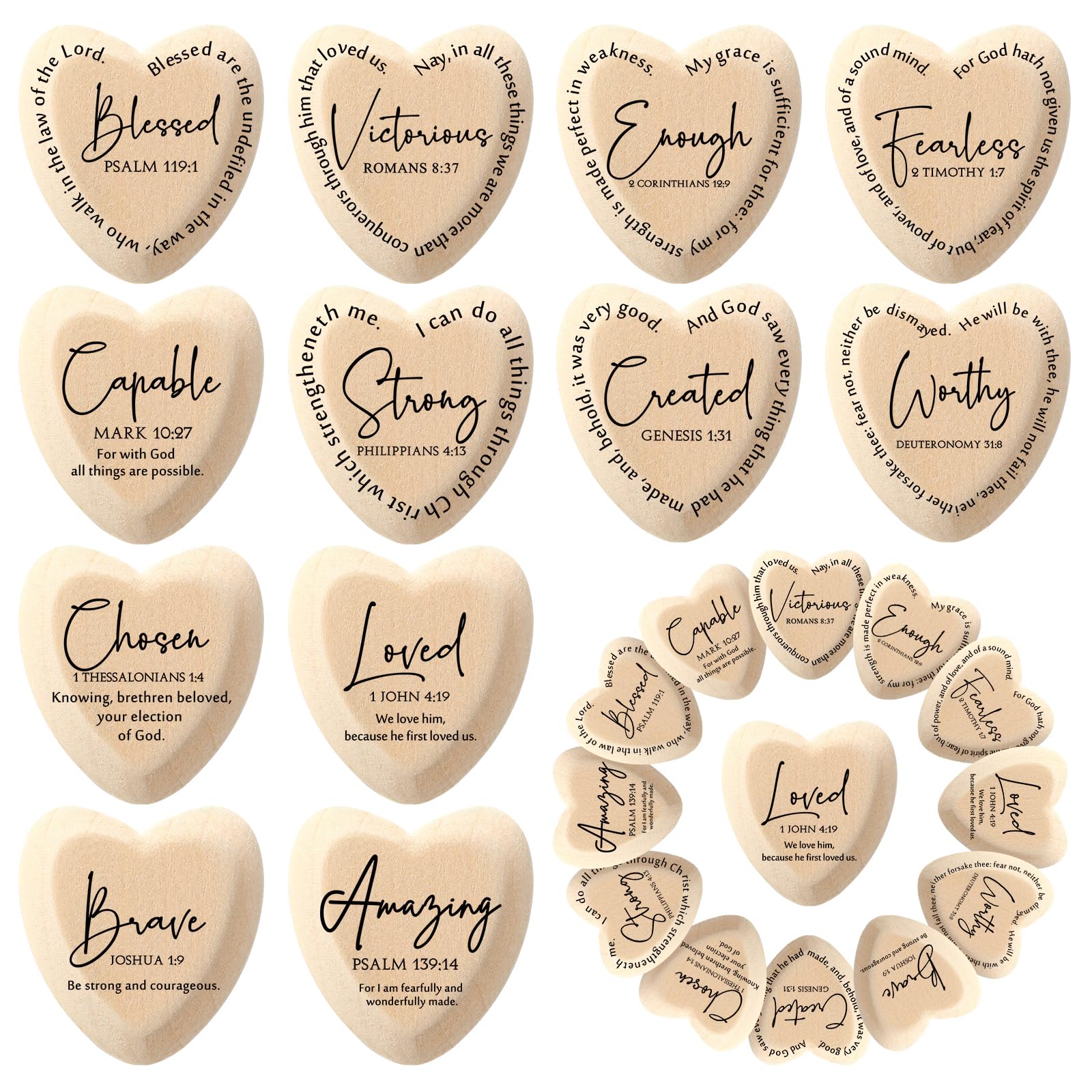 Geelin Christian Gift Religious Wooden Heart Tokens with Inspirational Bible Verses Pocket Hug for Father's Day Dad Women Men Friends Church Scripture Party Favor(Natural‌,72 Pcs)