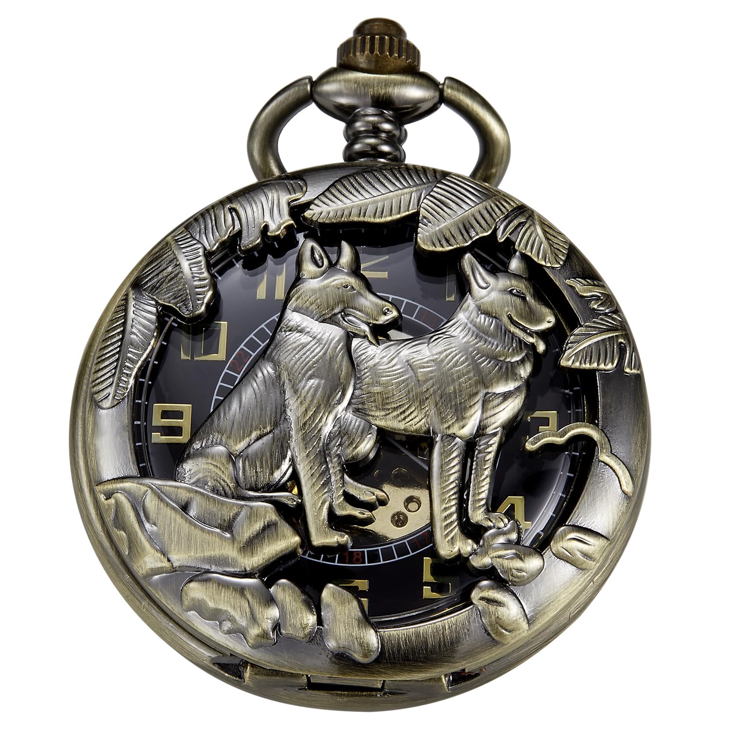 Reloj de bolsillo mecánico vintage Tiong con números arábigos y esfera de lobos PWM09 8