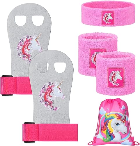 Juego de 6 muñequeras de gimnasia con banda para el sudor, para niñas, jóvenes, unicornio, gimnasia, bar, guantes deportivos de mano con cordón para