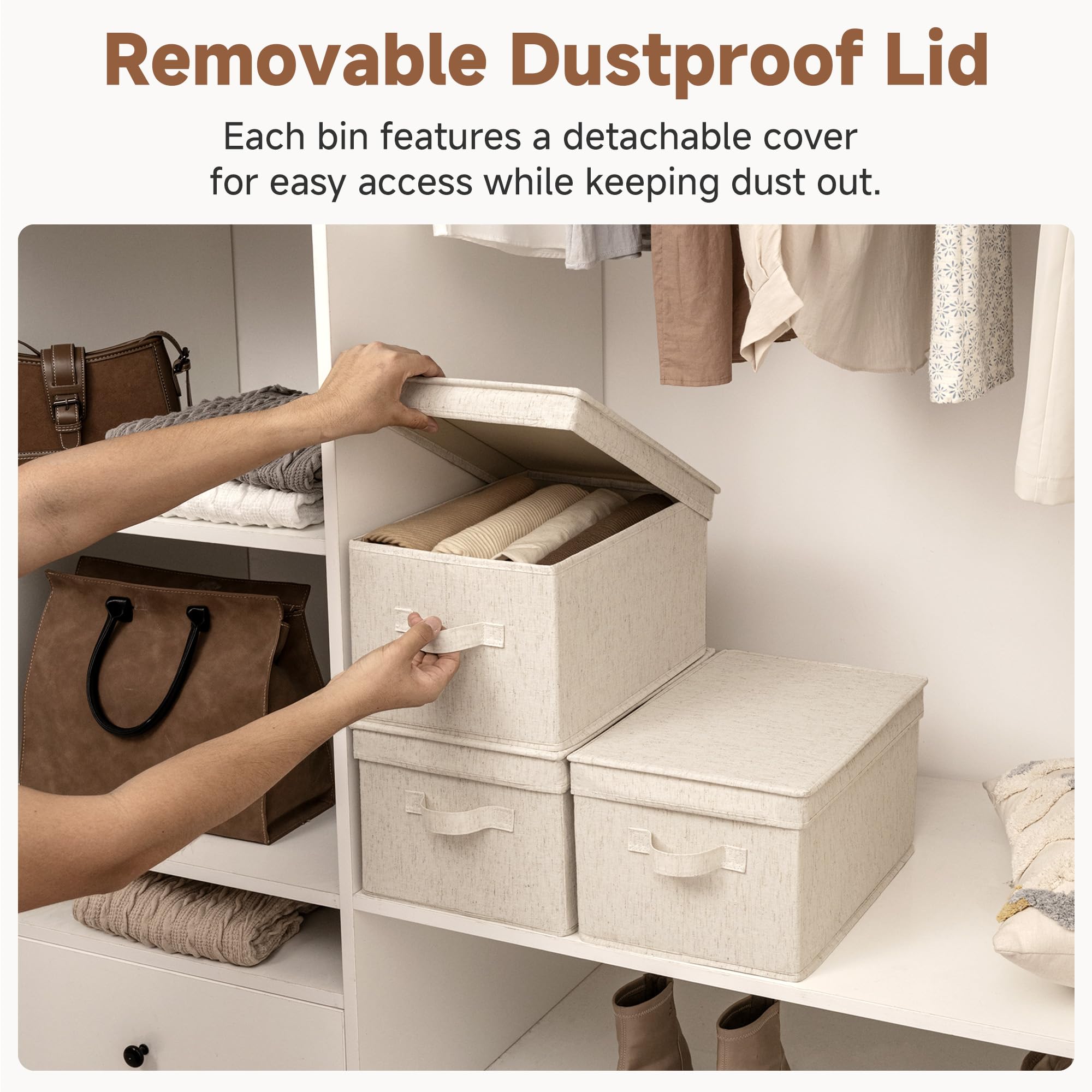 StorageWorks Cesto portaoggetti con coperchio, scatole decorative con manici in poliuretano, cesti portaoggetti impilabili in tessuto per armadi, scaffali, beige (lino di cotone), confezione da 3