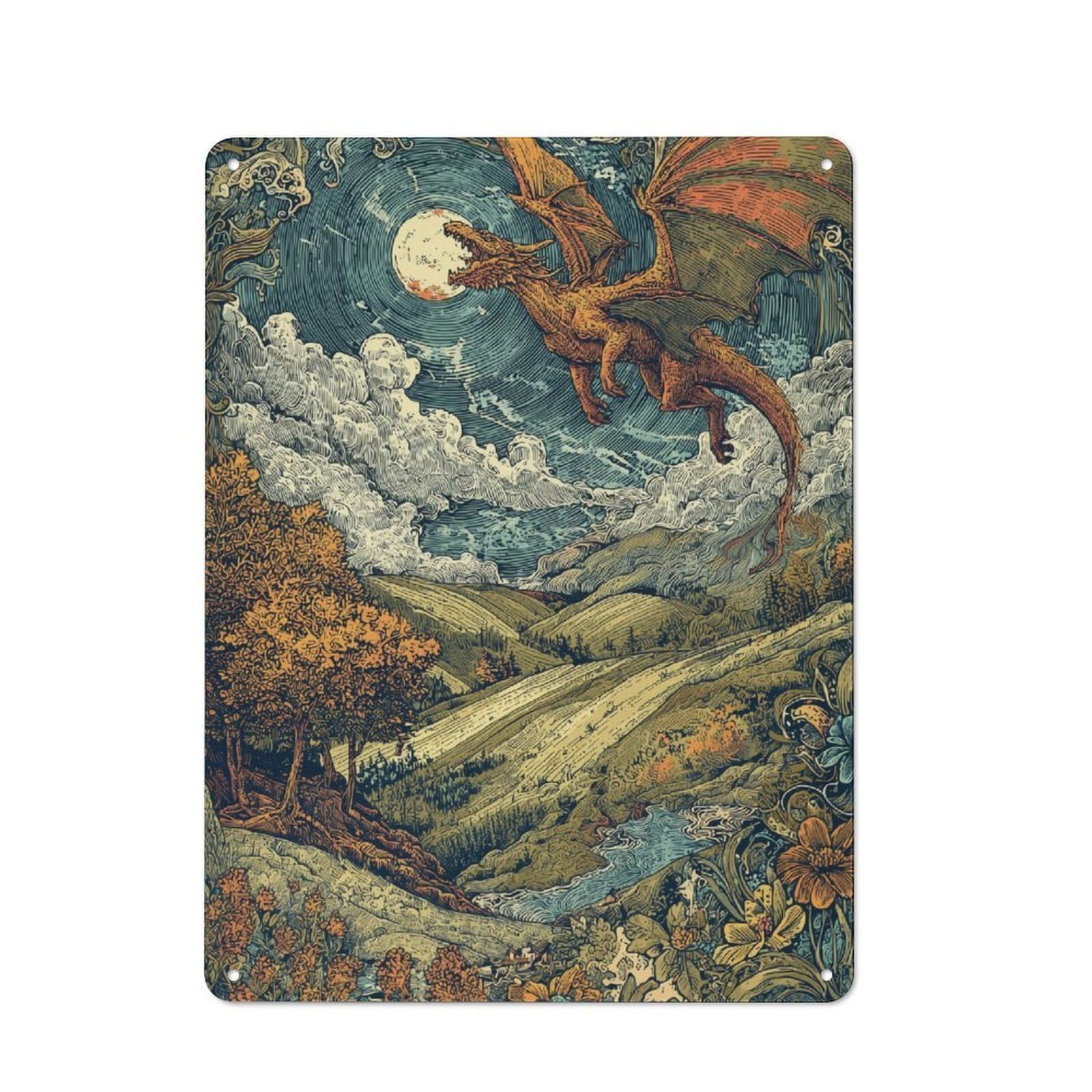 Junmoney Dragon's Flight Over Moonlit Hills Workshop Style Garage Metal Sign 40X30cm Featuring Industrial Wall Art For Garage, Hobby Room, Office Or Man Cave