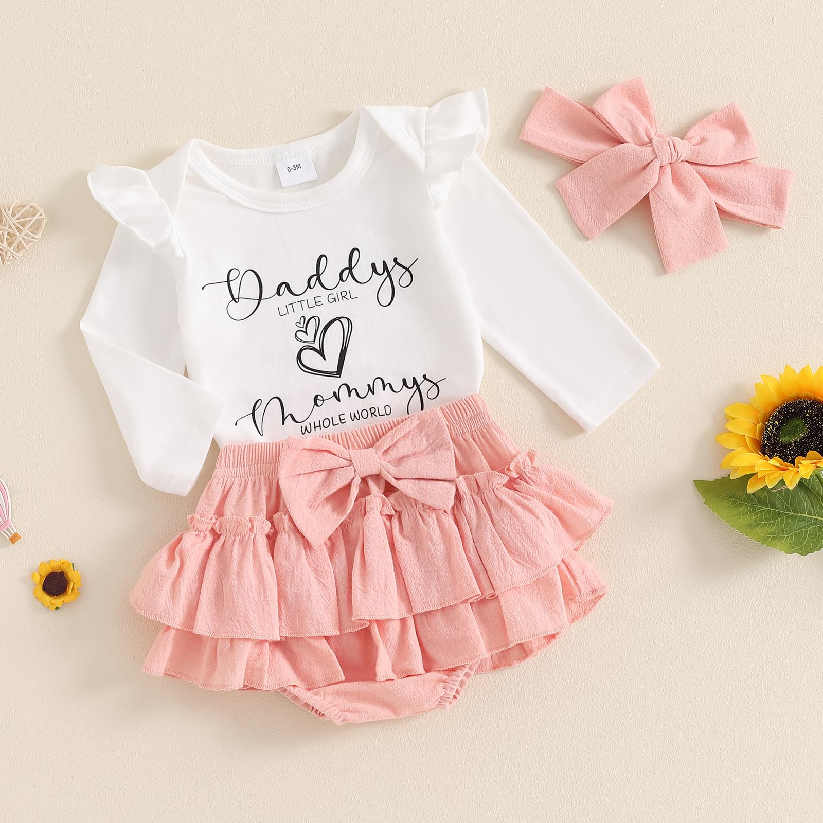 Newborn Baby Girl Clothes Daddys Little Girl Mommys Whole World Ruffle Long Sleeve Romper Top Layered Ruffle Skirts Short Bow Headband Set Cute Infant Girl Fall Outfits 3Pcs (White/Pink, 3-6 Months)