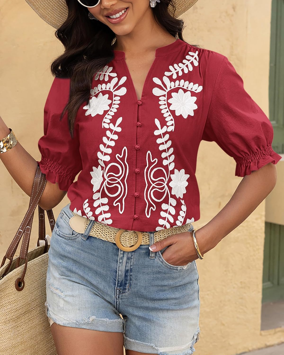 BTFBM Women's 2026 Spring Tops Casual Floral Boho V Neck Puff Short Sleeve Button Down Shirts Embroidered Blouses Tunic - Image 2