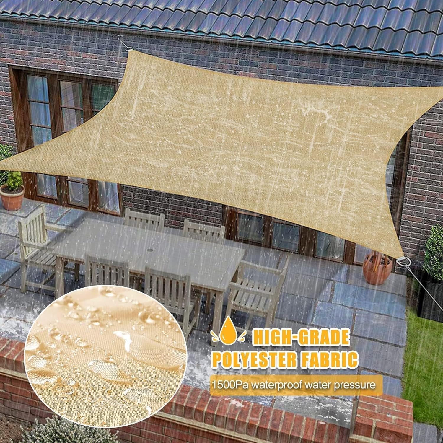 ABIUBIU wasserdichte-Sonnensegel 3x4m mit eingebauter LED-Solar-Lichterkette, 98% UV-Schutz, reiBfest, wetterfest, für Terrasse-Garten-Terrasse-Rasen（Beige）