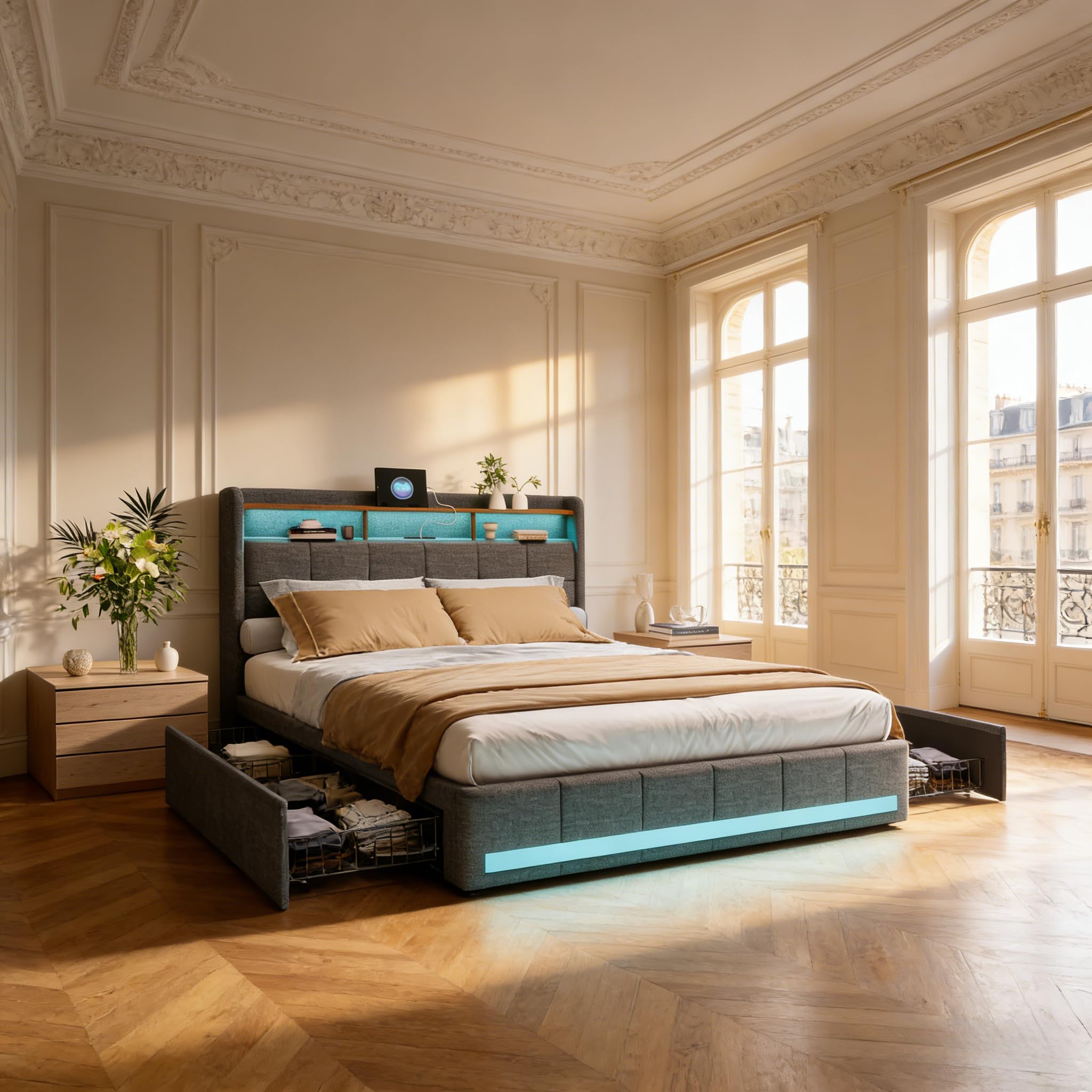 Boxspringbett 140x200 mit Lattenrost，Stilvolles Polsterbett mit Stauraum, 4 Schubladen, Individueller LED-Beleuchtung, USB und Typ-C-Anschlüssen, Modernes Graues Design für optimalen Komfort