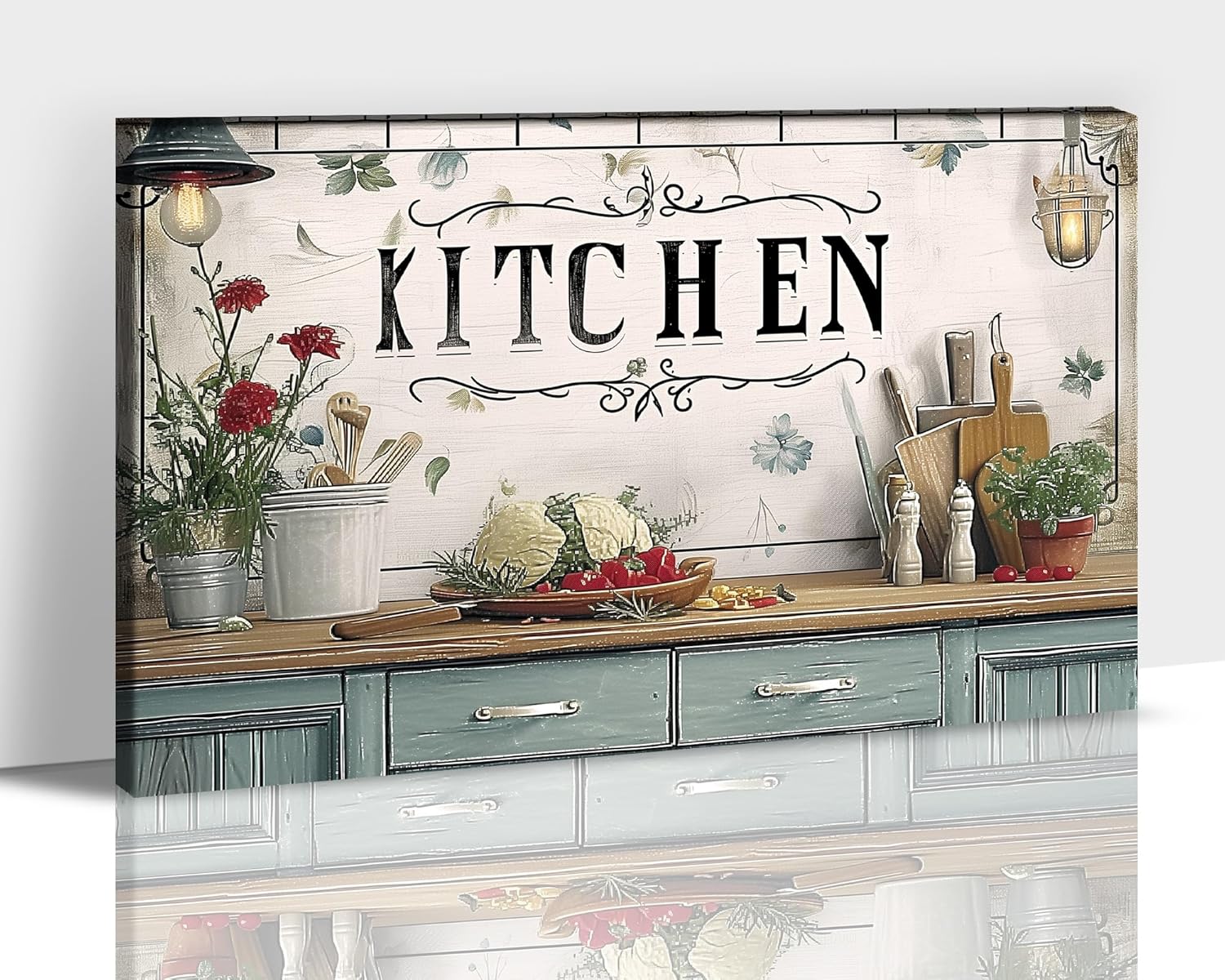 GUTTATY Kitchen Wall Art, Farmhouse Wall Decor with Flowers and Kitchen Utensils Painting for Dining Room, Mother's Day Gift for Grandma or Mom, 1218 Inch