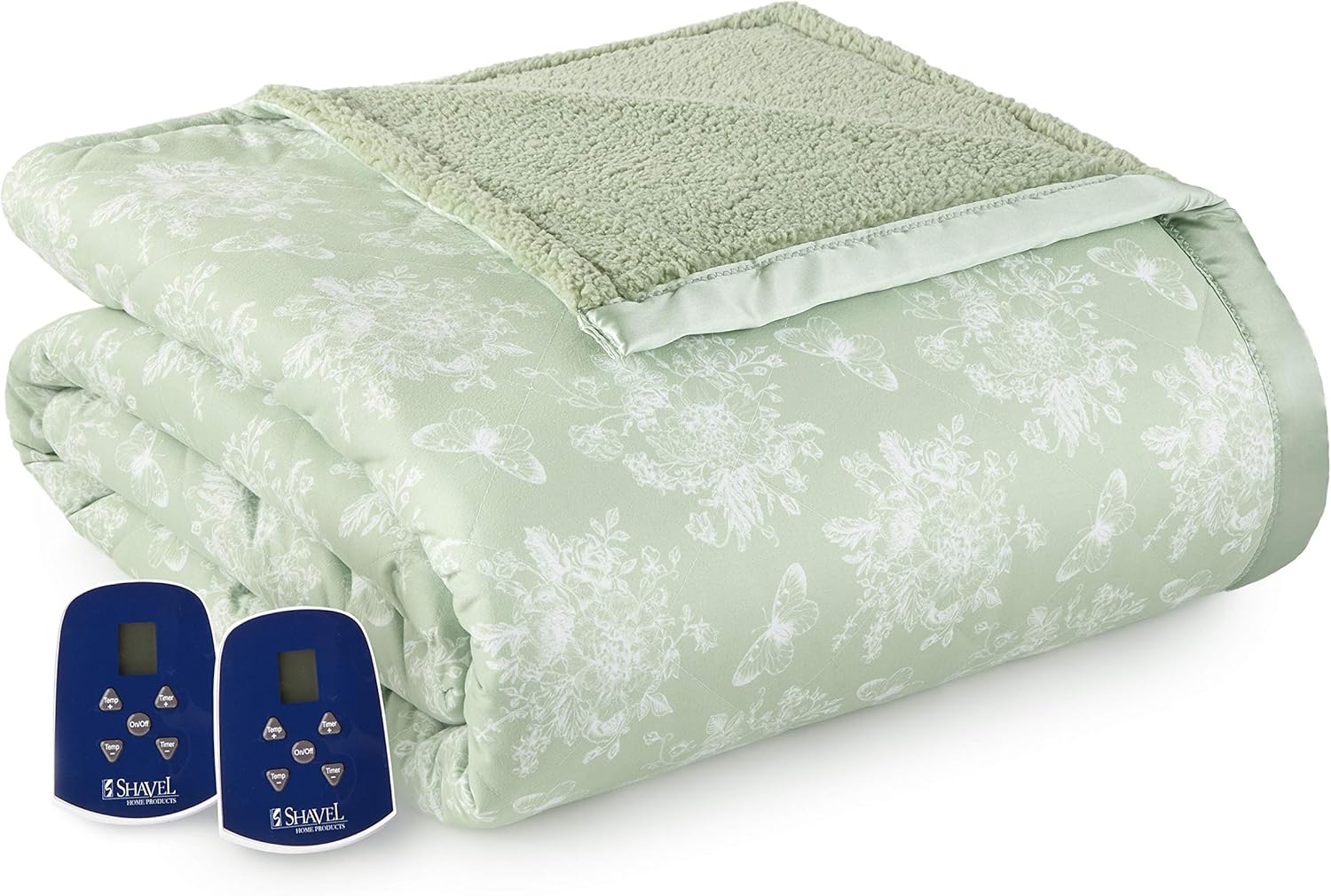 Thermee Micro Flannel Queen-Size Heated Electric Blanket with Sherpa, Machine Wash & Dry, Timer & Safety Shutoff, 90Lx84W, Toile Celery Green Queen Toile Celery Green