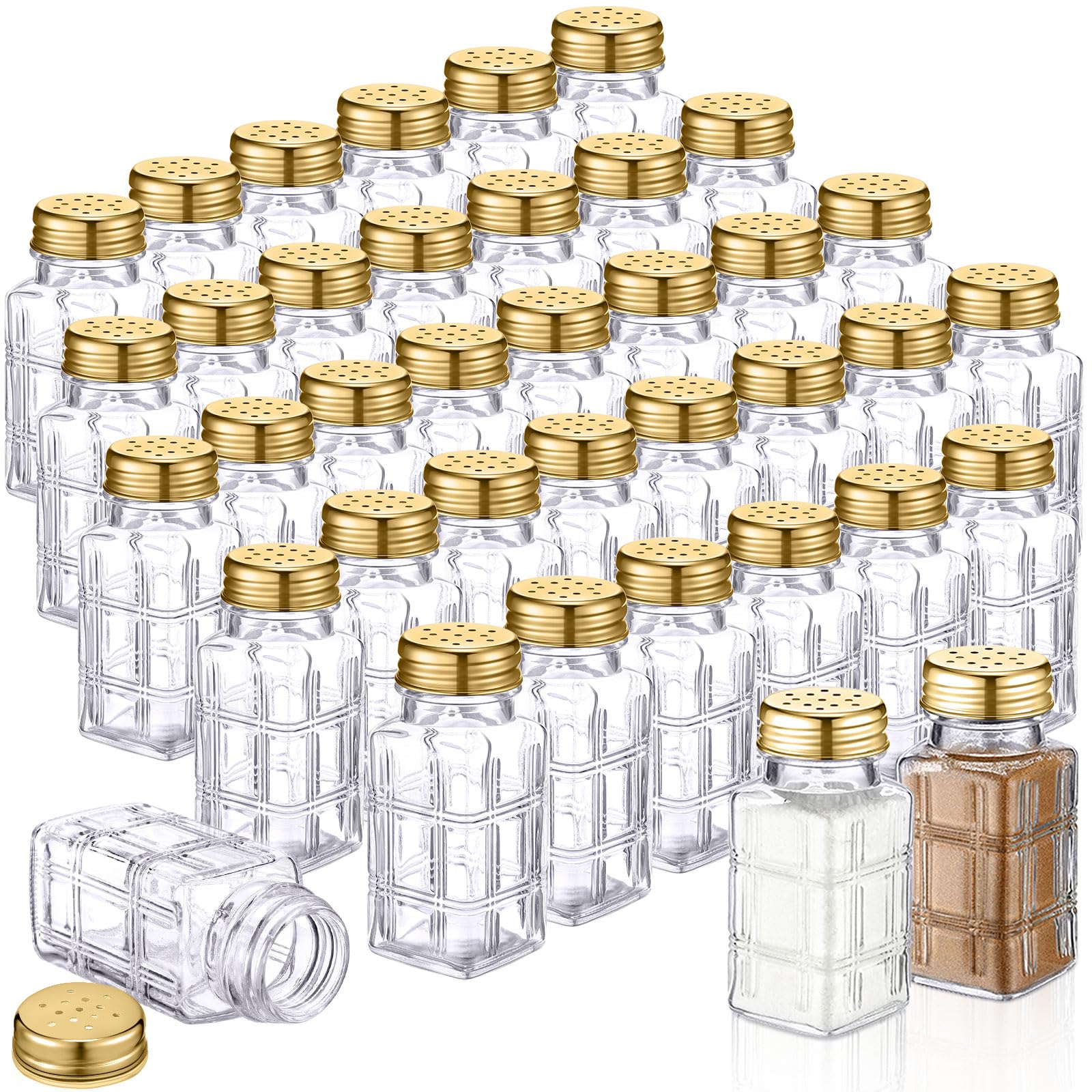 Bokon Salzstreuer aus Glas mit Edelstahldeckel, 76,5 ml, kleiner Gewürzstreuer für Küche, Restaurants und Catering, Hochzeit, Partyzubehör (Gold, flaches Gitter), 48 Stück