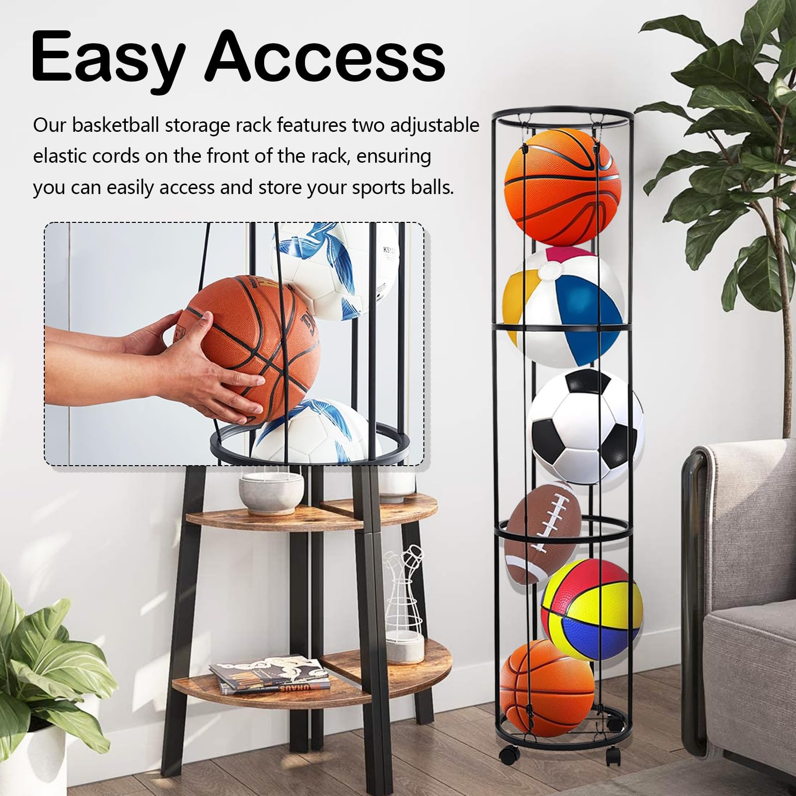 Aisny Portapalle da Calcio, 3 Livelli Supporto da Parete con Rotelle Supporto da Parete per Palloni da Calcio Nero Organizer Rimovibile per Palloni da Basket per Garage E Casa 144x30x30 Cm