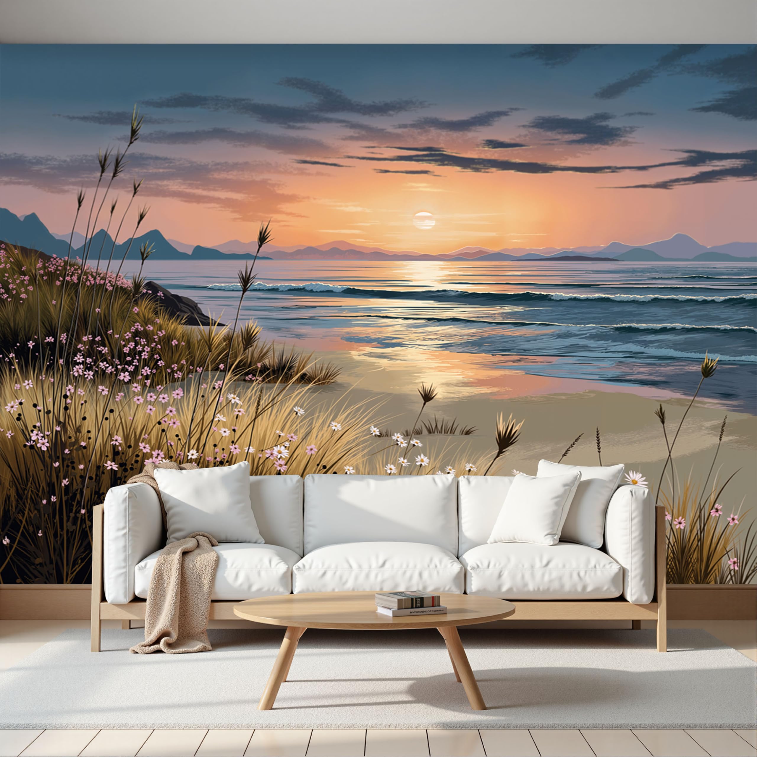 Fresque murale en soie vagues et fleurs sauvages orange