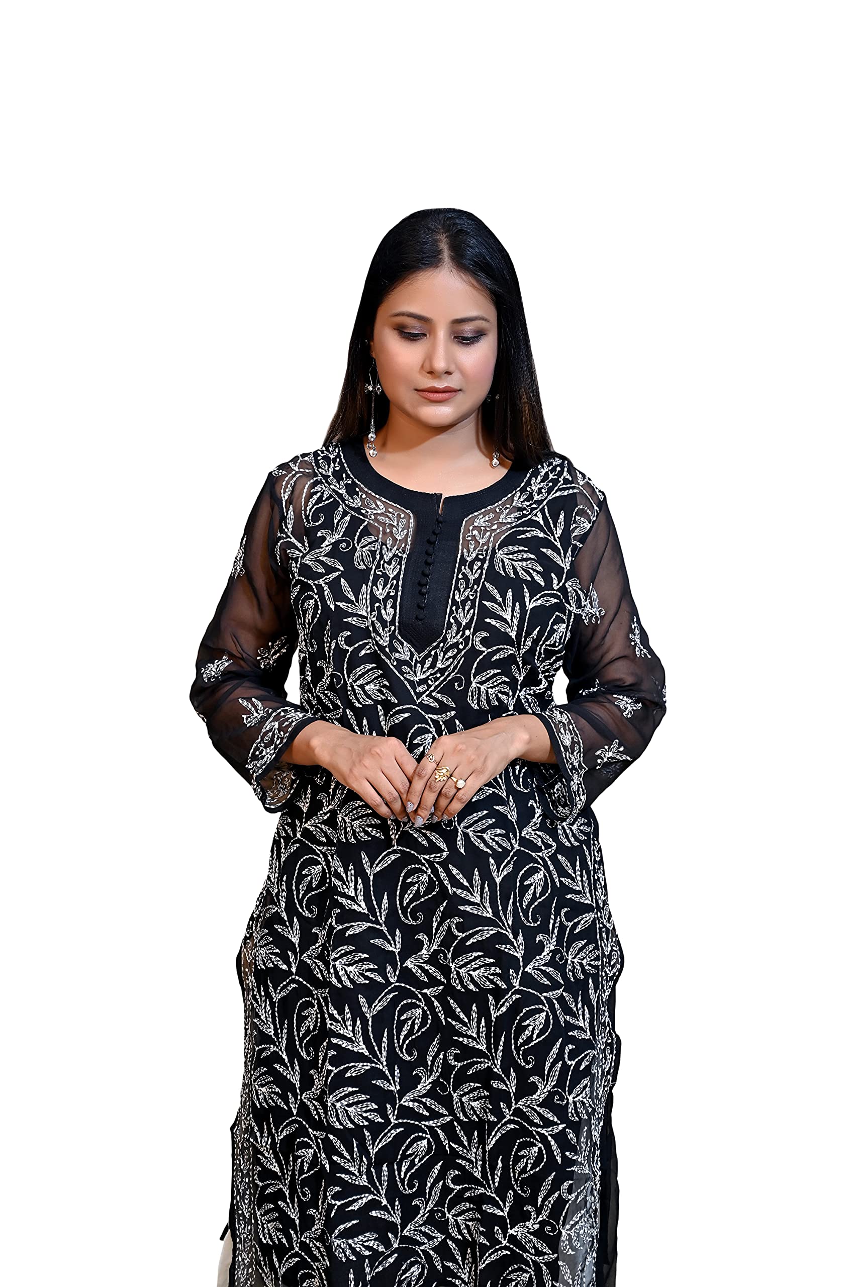 FAWOMENT Lucknowi Chikankari with Handcrafted Unique Tepchi Work Georgette Kurta for Women Alongwith Slip