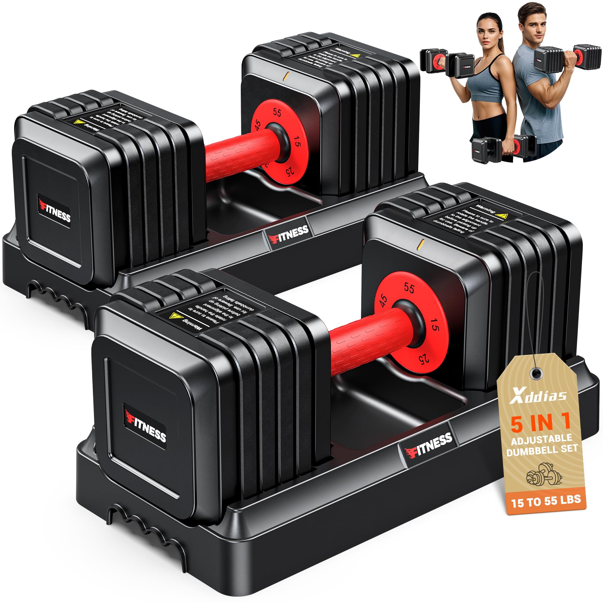 XDDIAS Adjustable Dumbbell Set of 2-25LB/55LB Set-1Sec Adjustable Dumbbell Weights-5 in 1 Free Weights Dumbbells Set with Effortless Tray/No-Slip Handle-Compact Size for Women/Men at Home Gym