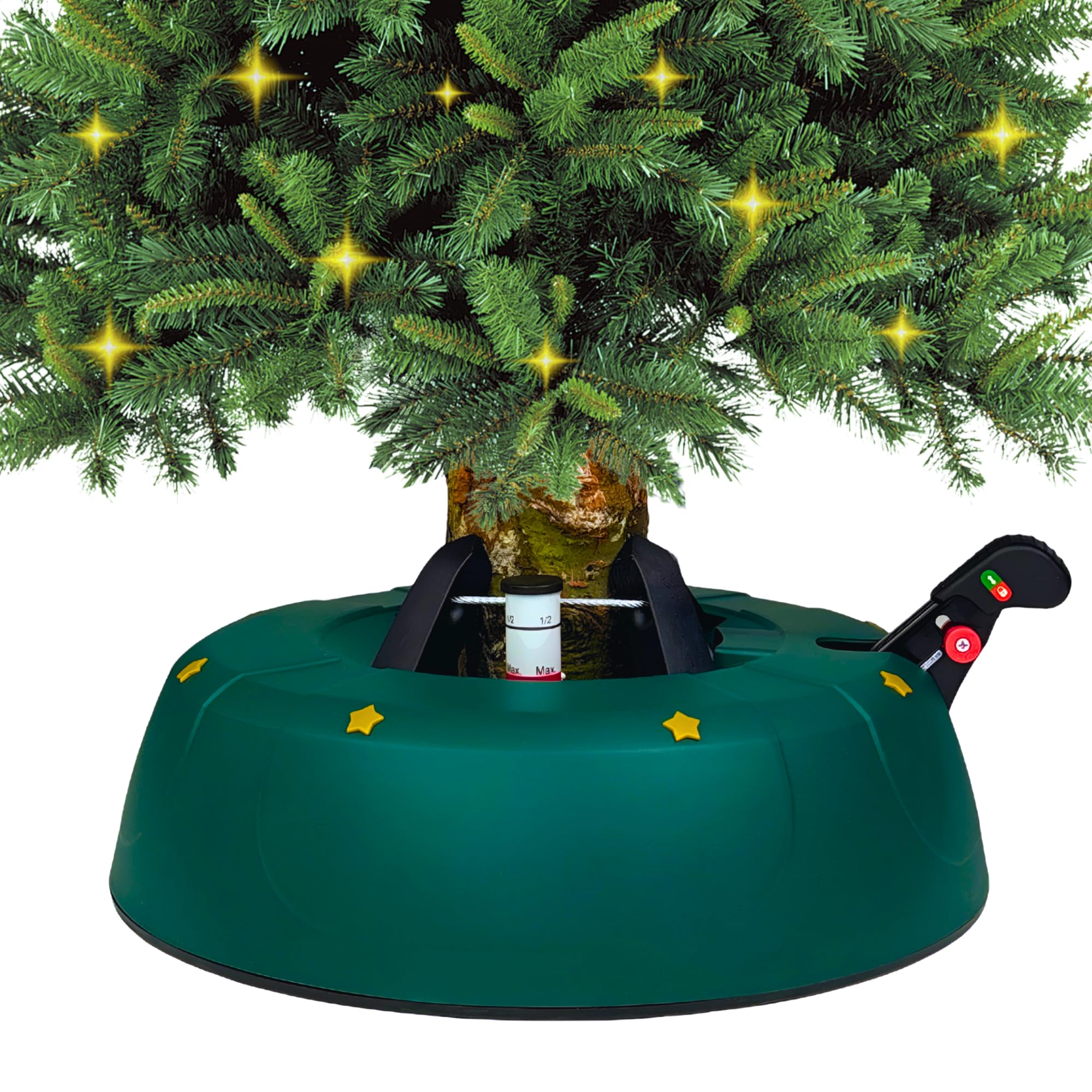 Supporto per albero di Natale fino a 3 m con pedale e sistema a corda, base stabile con serbatoio d’acqua da 3 L, design Verde Opaco con stelle – Kamai