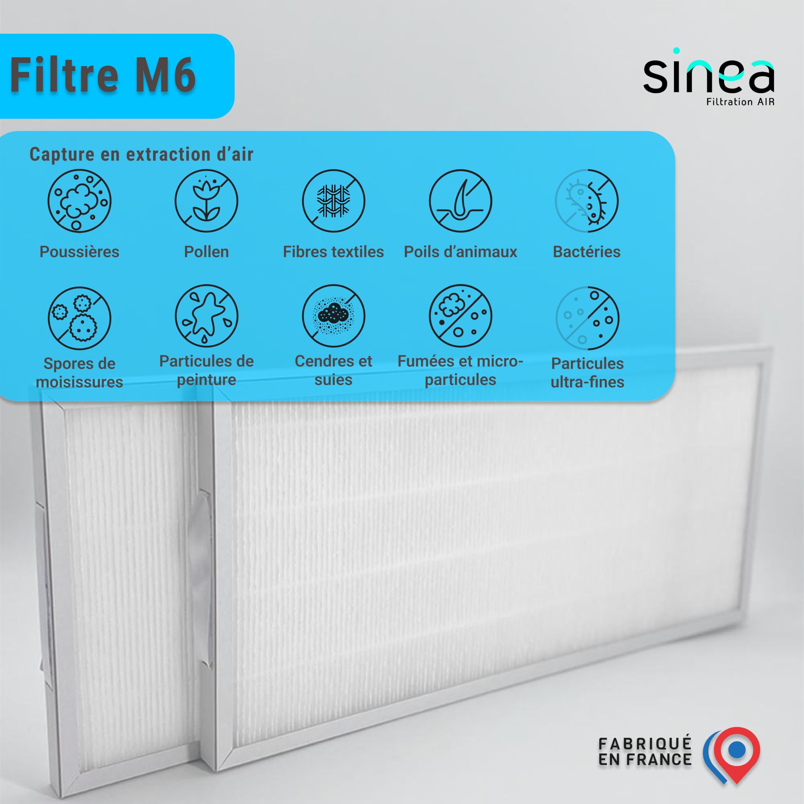 TOP FILTRE - Lot de 2 Filtres M6 Compatibles VMC Double Flux France Air Cocoon’2 D300/D400 – Filtration Haute Performance – Dimensions 493 x 235 x 22 mm