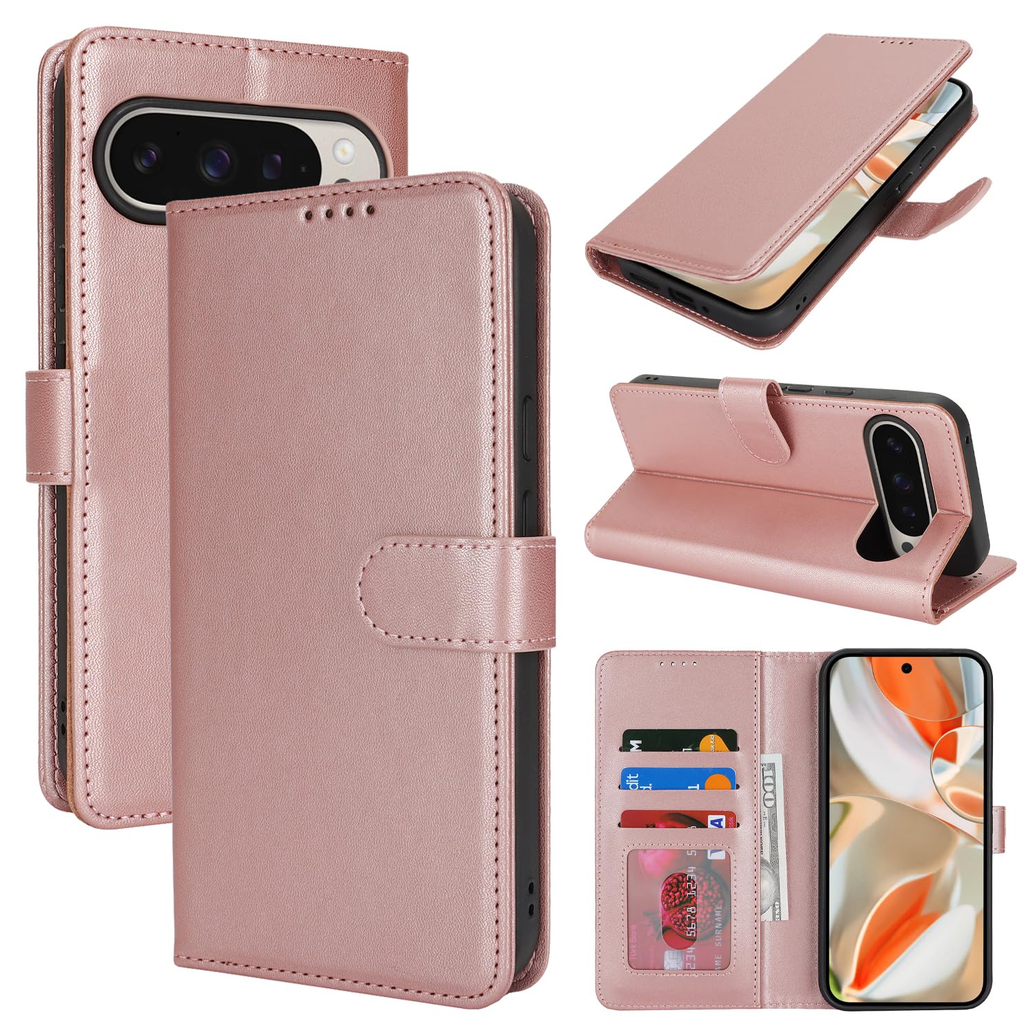 Zouzt Hülle für Google Pixel 9/9 Pro, Premium PU Leder, Roségold | Handyhülle mit Kartenfächern, Magnet Klapp Schutzhülle, Stoßfeste TPU-Innenhülle, Frauen Männer, Leather Wallet Phone Case