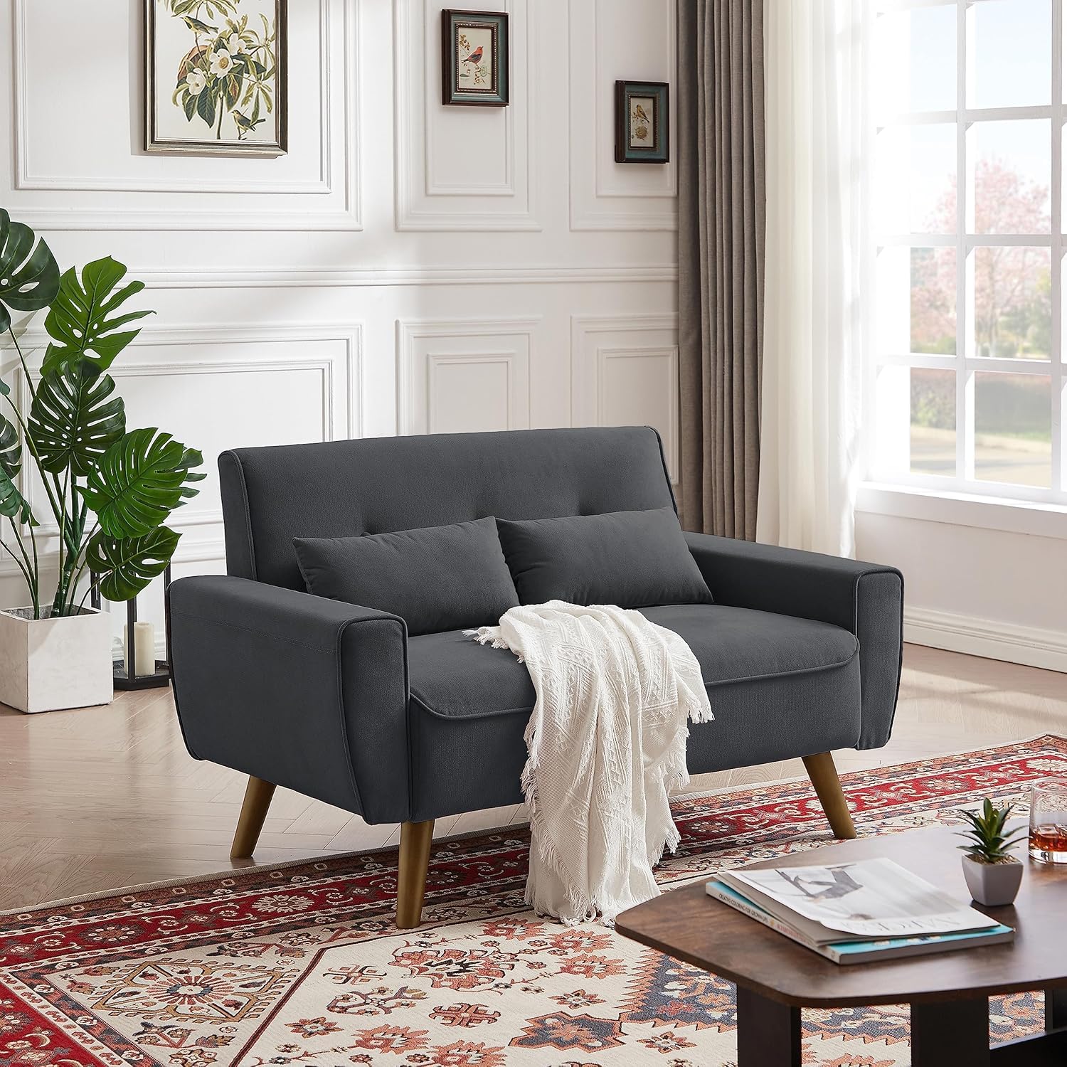 Jarenie 48" Loveseat Sofa, 2 Seater Love Seat Mid Century Modern Small Couches for Living Room Bedroom Apartment, 2 Throw Pillows and Plastic Legs,
