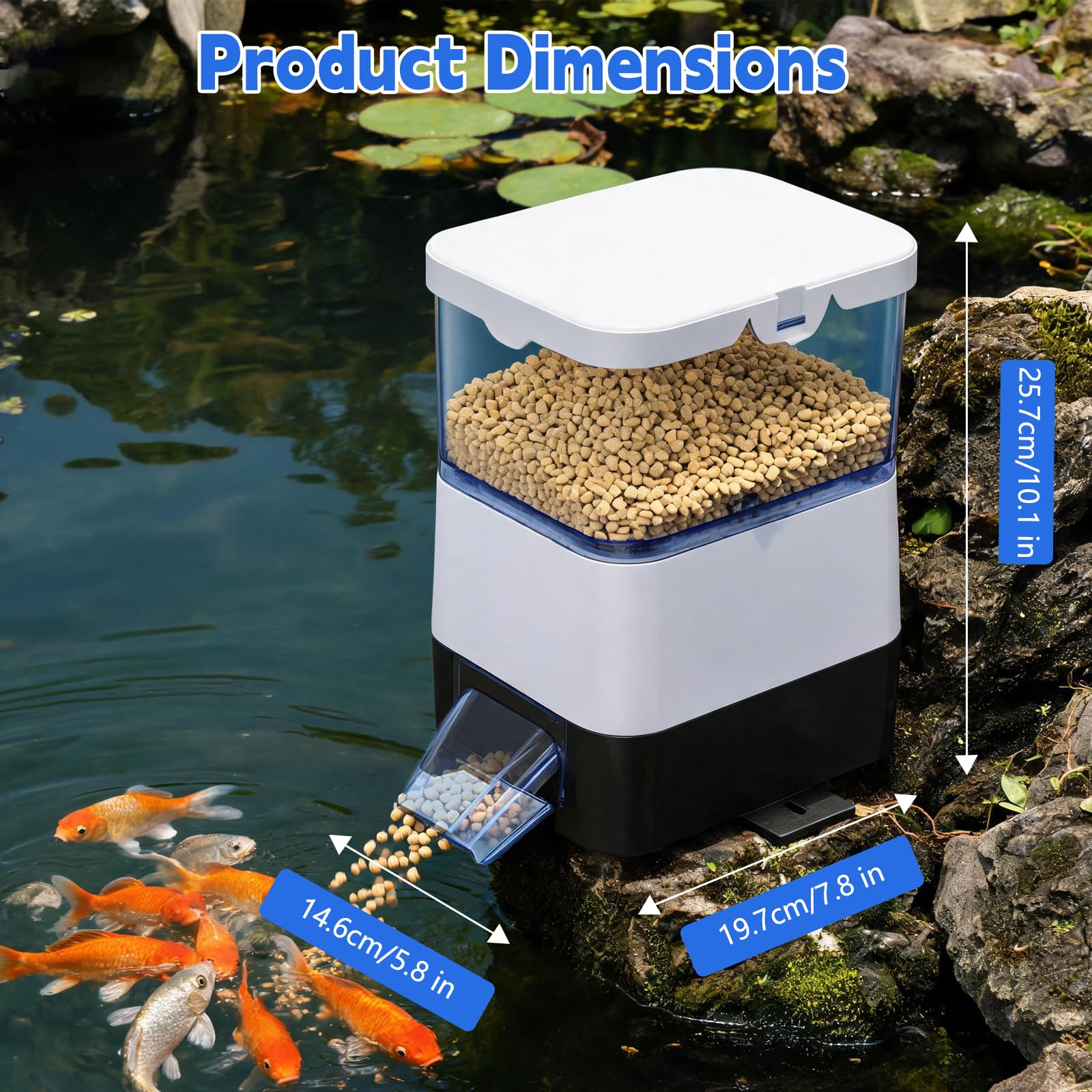 Mangiatoia automatica per pesci, grande capacità da 2,8 l, display LCD del livello della batteria, alimentazione a batteria o a rete, antivento, impermeabile, per interni ed esterni (batterie non