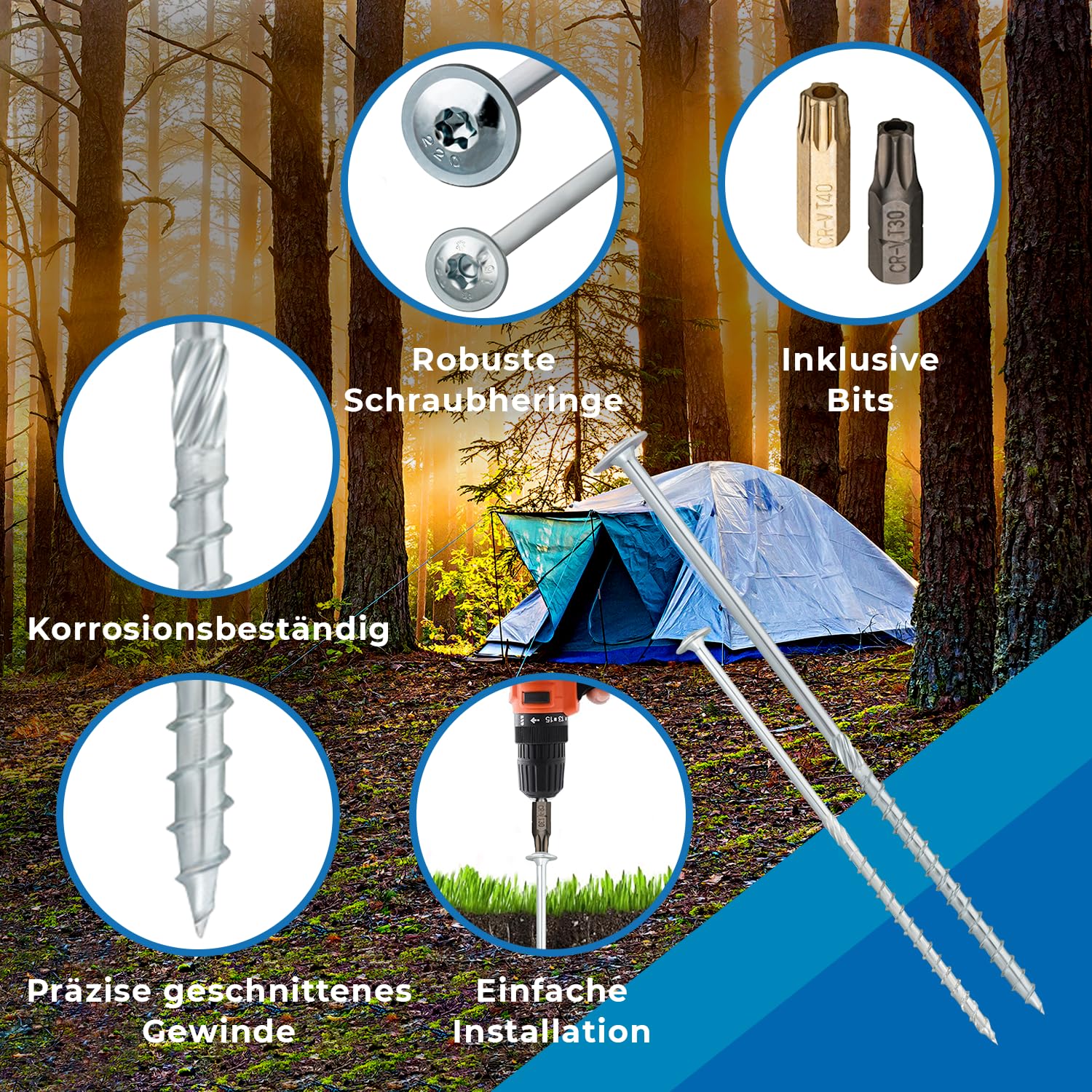 Lot de 18 piquets de tente avec embout et 18 rondelles - Boîte de transport pour camping, fixation de tente, camping-car, caravane, auvent ou protection contre les tempêtes - Argenté