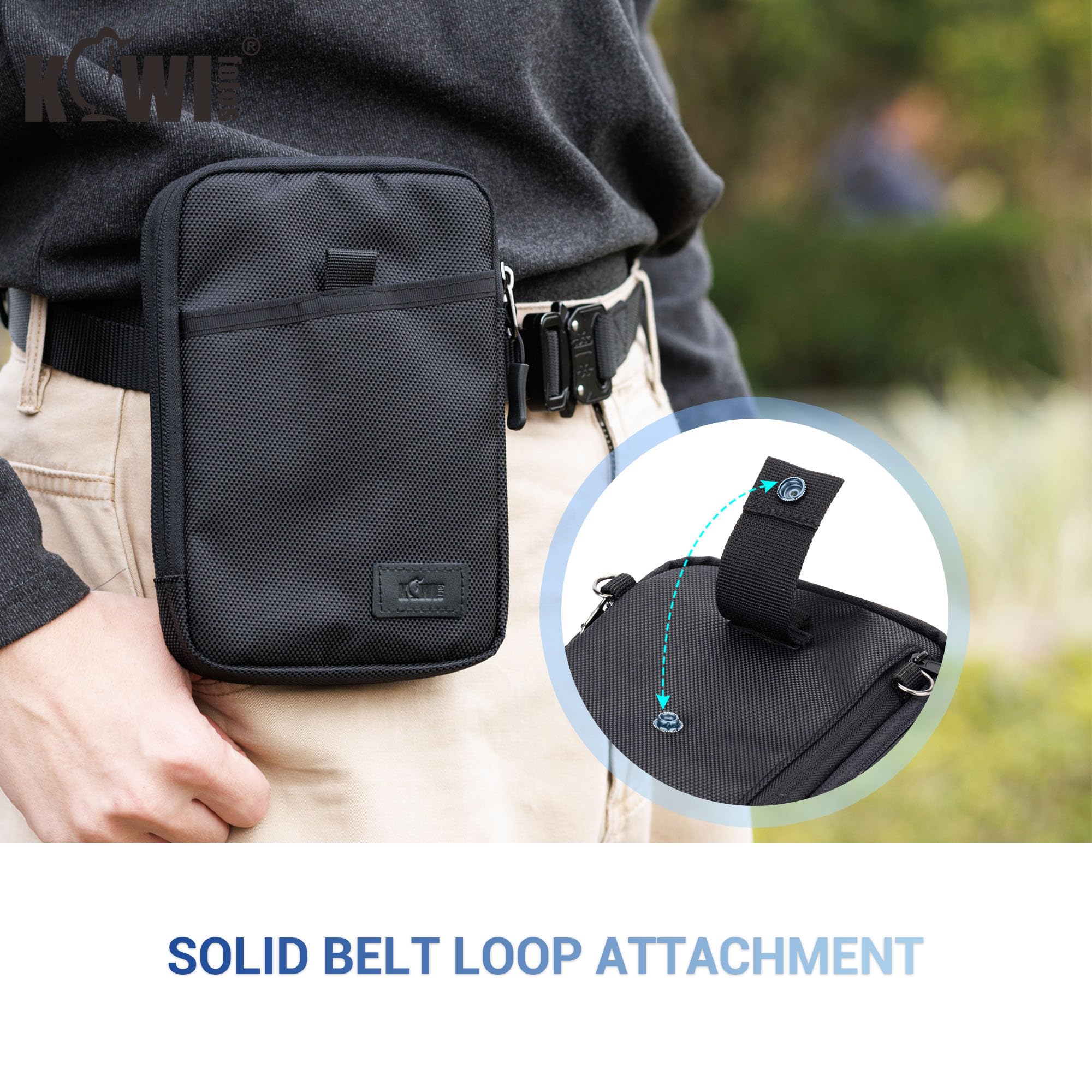 KIWIFOTOS Triple teléfono Pasaporte de Viaje Bolsa de Cuello con Correa de Hombro y mosquetón multifunción para Smartphone, Tarjeta, Gran Accesorio de Viaje (Negro)