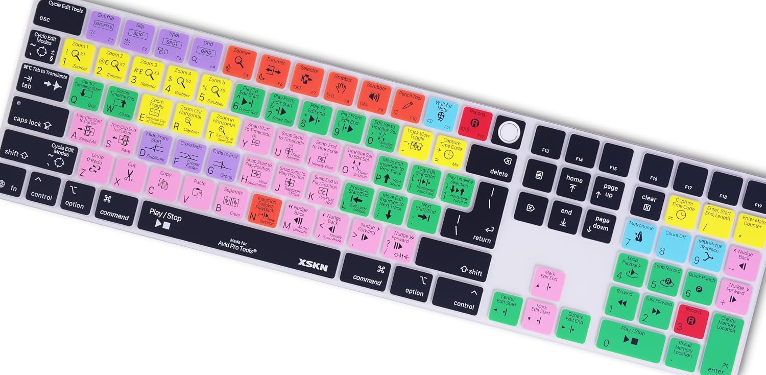 XSKN Avid Pro Tools Shortcuts EU&US Universal Version Silicone Keyboard Cover Skin for 2024 iMac 24 inch M4 Magic Keyboard with Touch ID and Numeric Keypad (A3119)