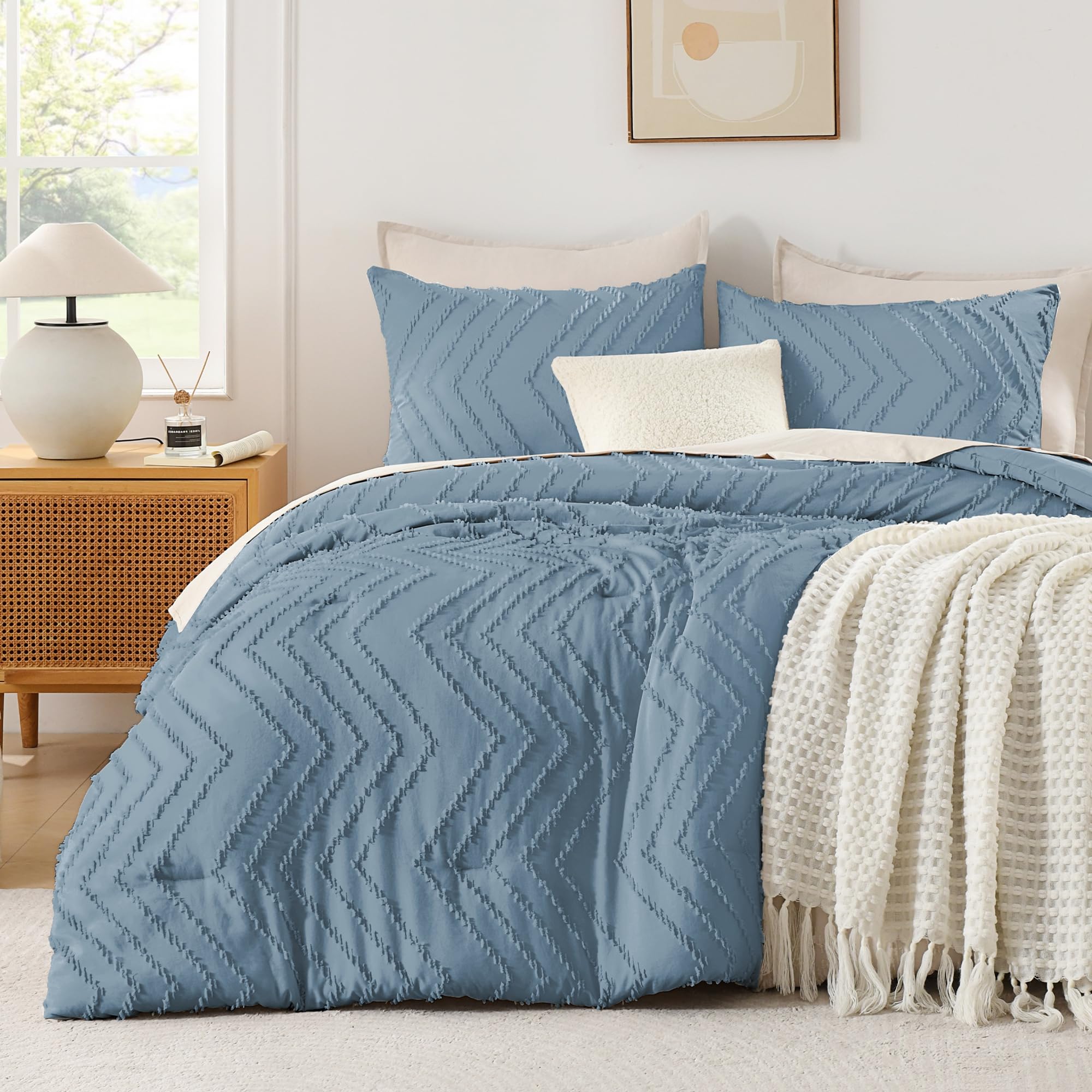 Andency Greyish Blue California King Comforter Set, 3 Pieces Boho Bed Set