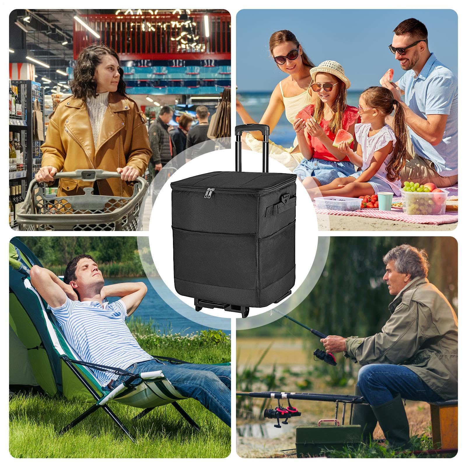 con Ruedas y Asa Portátil Aislada con Ruedas y Reutilizable | Bolsa Suave Antifugas Aislada Para Camping, Patio, Viajes, Exterior, Almuerzo, Picnic, , Pesca