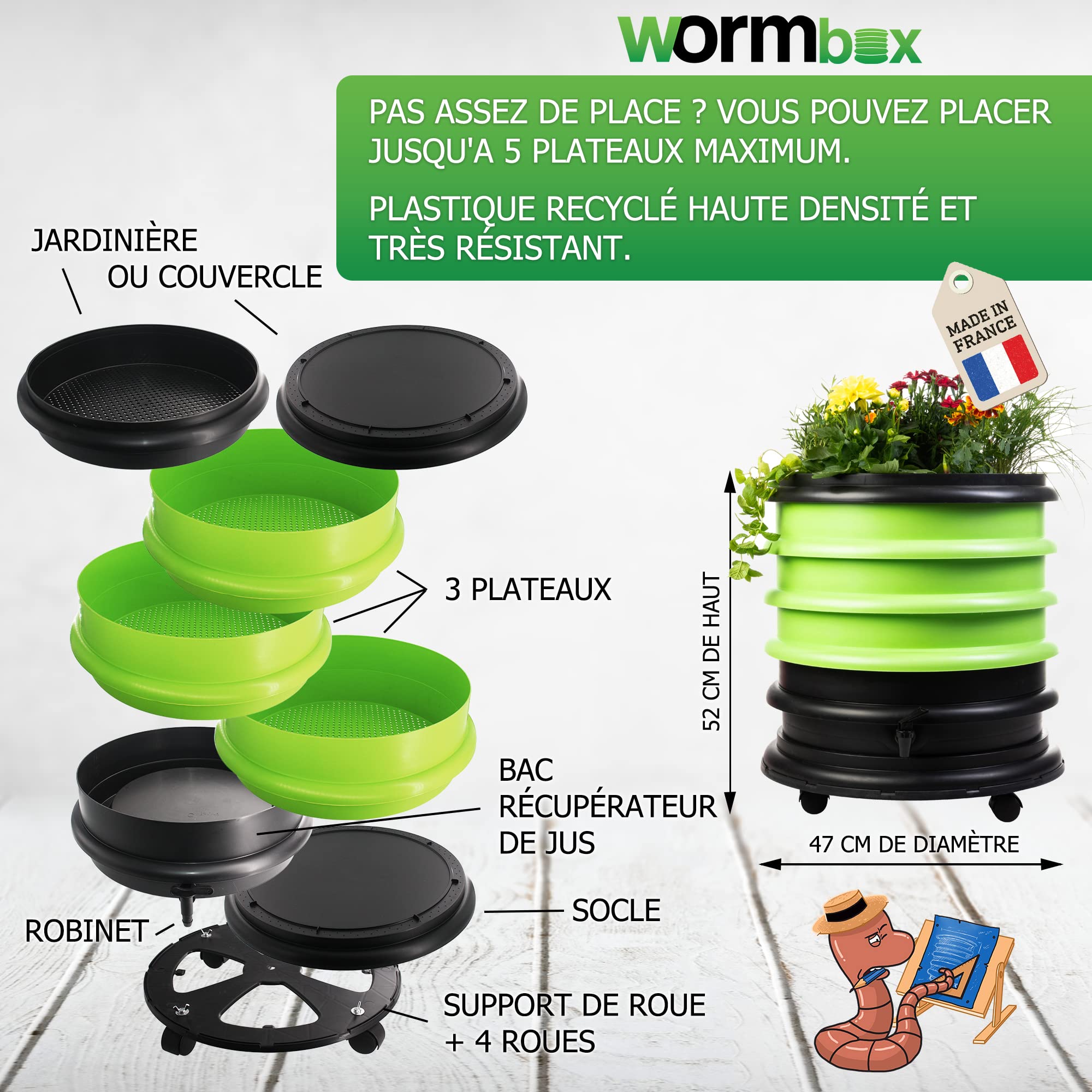 WORMbox | Lombricomposteur 3 Plateaux Vert Foncé + Jardinière + 250gr de vers de Compost + 1 Bloc Coco | 48 litres | Compostez Vos déchets organiques, Les vers de Terre/lombrics/lombricompost