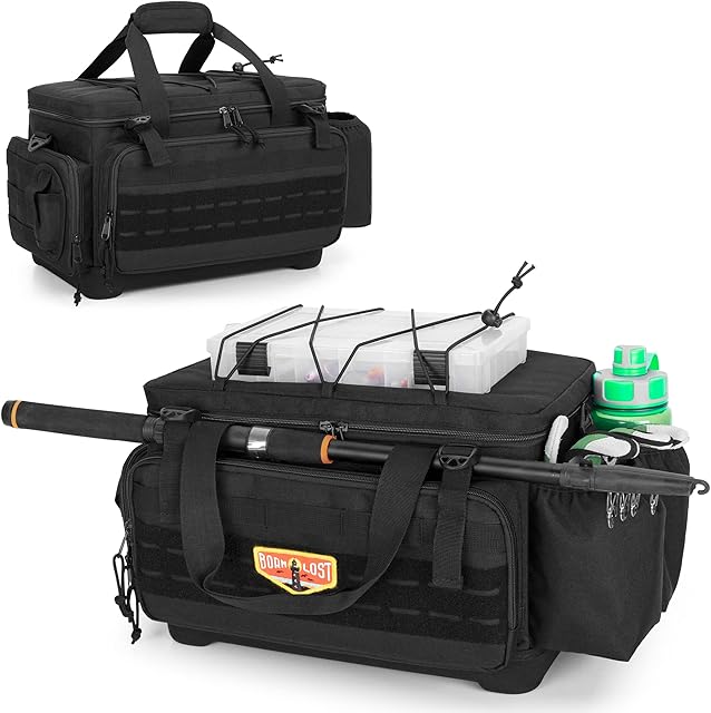 GOBUROS Fishing Tackle Bag with Waterproof EVA Bottom (No Tackle Boxes in Package), Soft Tackle Box Storage Case Bag with Rod Holder, Pliers Storage for Fishing Black