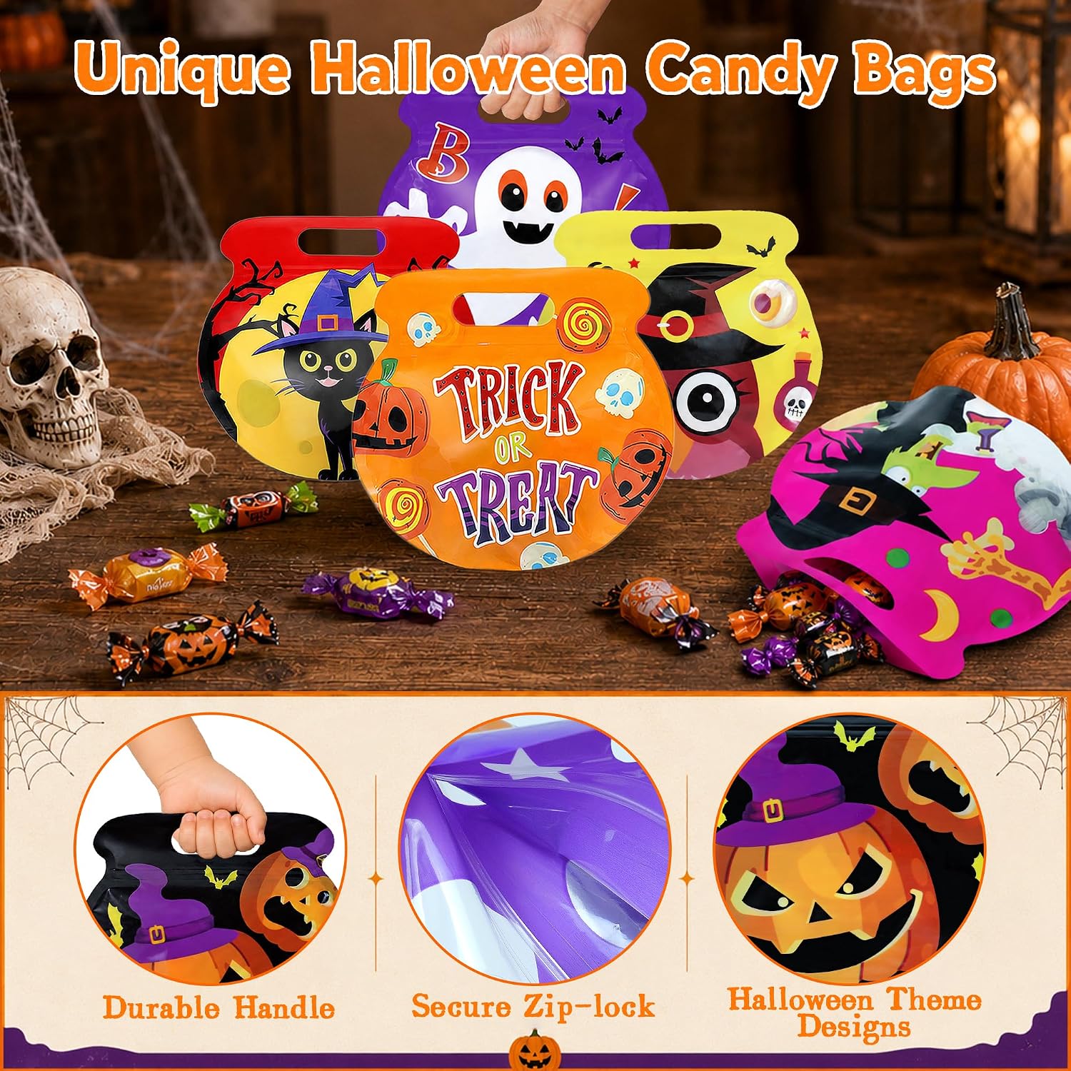 54 Pcs Halloween Treat Bags with Handles, Pumpkin Witch Cauldron Halloween Goodie Bags Plastic with Zipper, Halloween Trick or Treat Candy Bags for Kids Party Favors, Resealable Halloween Goody Bag