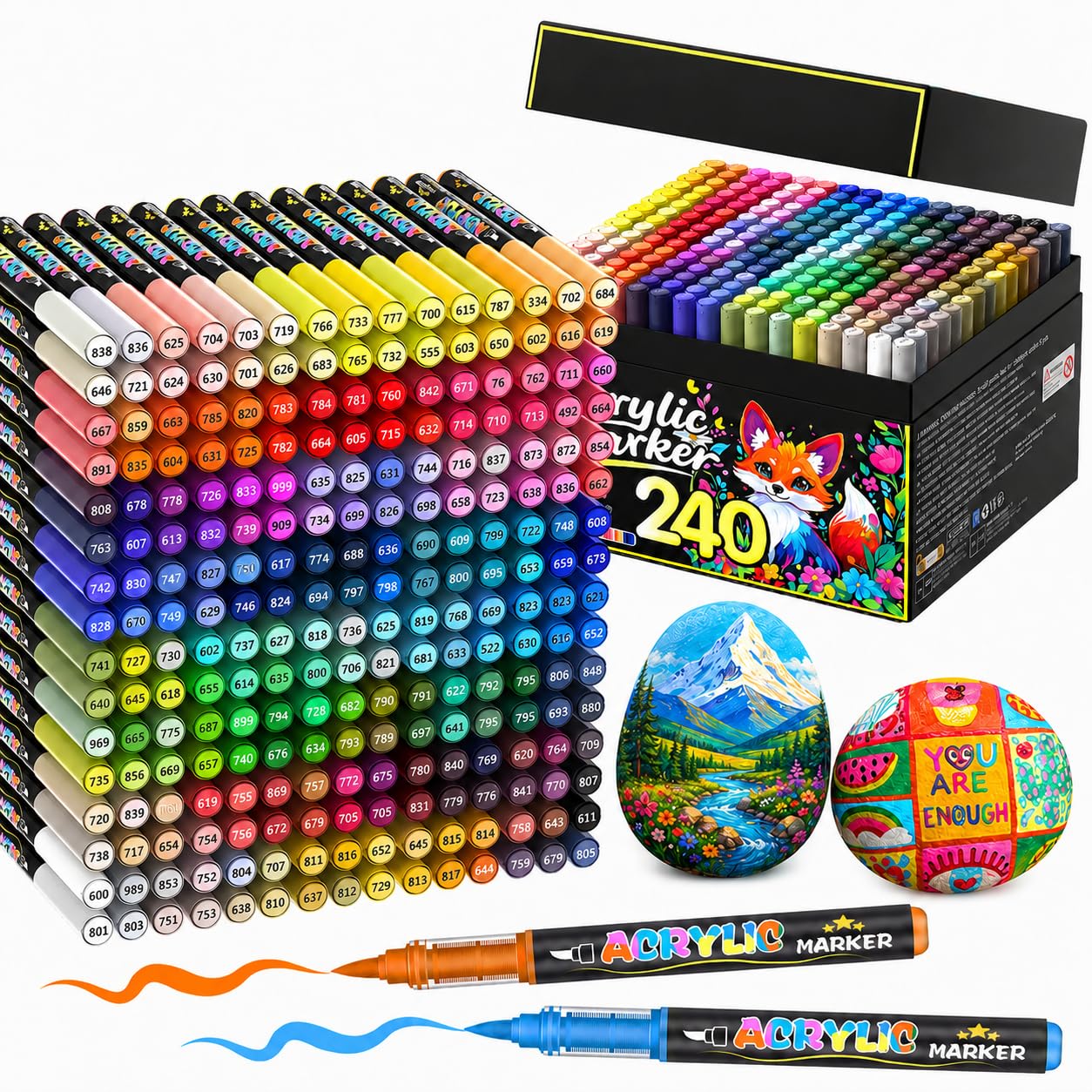 Lyuvie 240 Couleurs Feutre Acrylique, Acrylic Paint Brush Marker à Peinture à Base D'eau, Marqueur Peinture Acrylique pour Pierre,Bois,Galets,Papier, Tissu,Verre, Plastique