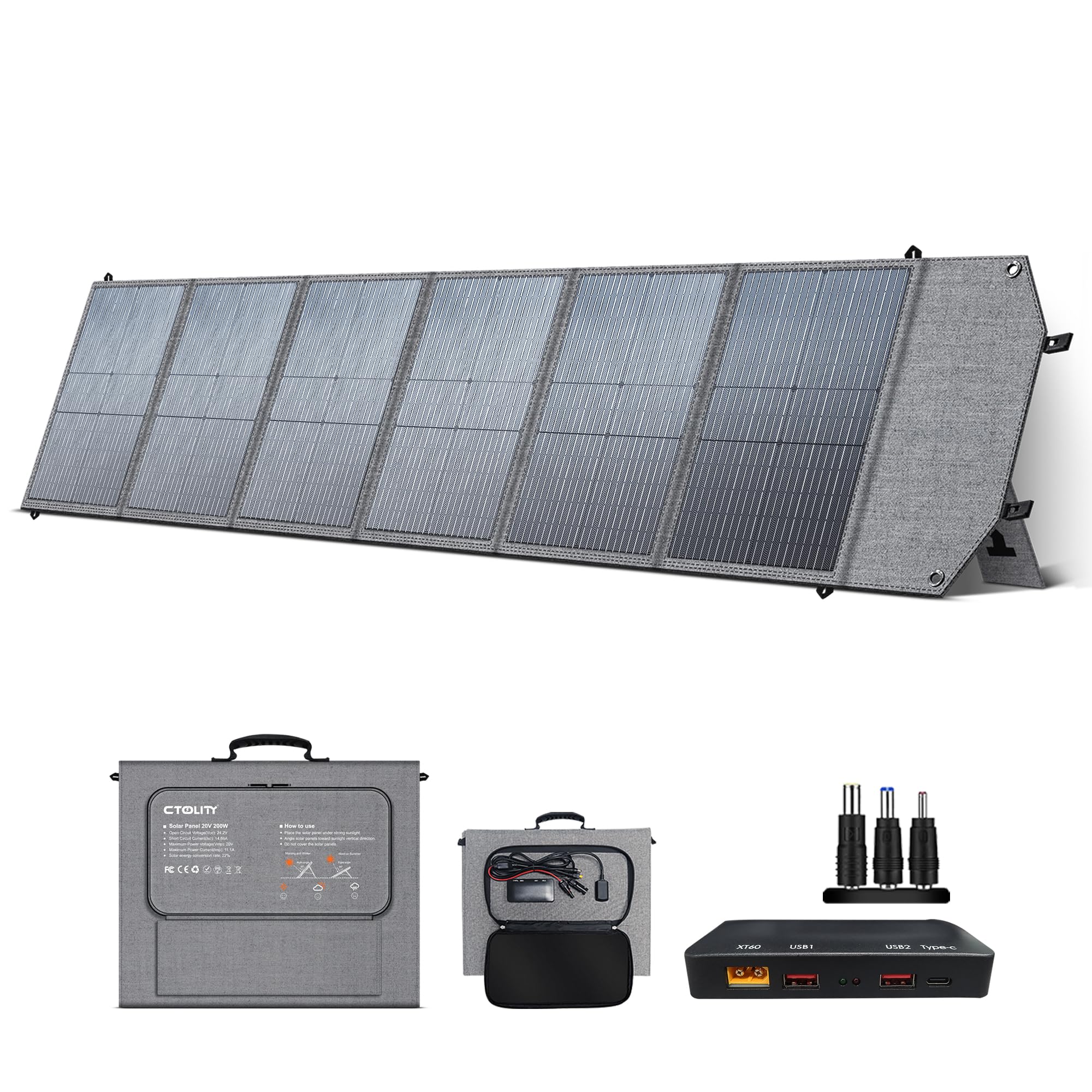 CTOLITY Pannello Solare Monocristallino Portatile, Pannello Caricatore Fotovoltaico Monocristallino Pieghevole da 200 W, Pannello Solare CC 20.5V, Impermeabile per Camper Campeggio Viaggio RV