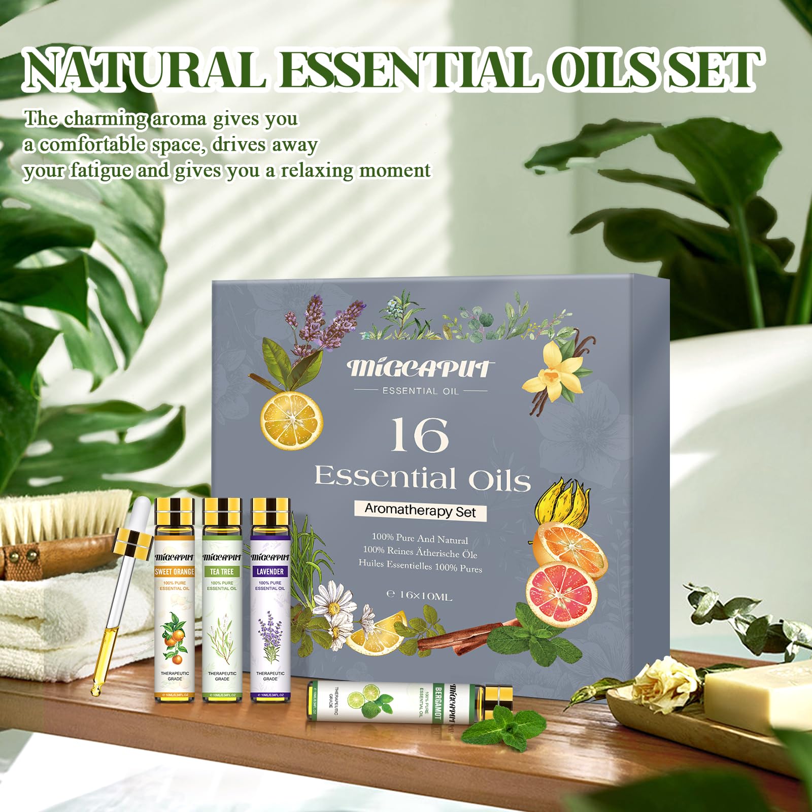 Migcaput Ätherische Öle Set 16X10ml, Naturrein Essential Oils, Aromatherapie Duftöle für Diffuser Luftbefeuchter Kerzen Seifen - Weihrauch, Teebaum, Zitronengras, Pfefferminze, Gewürznelke