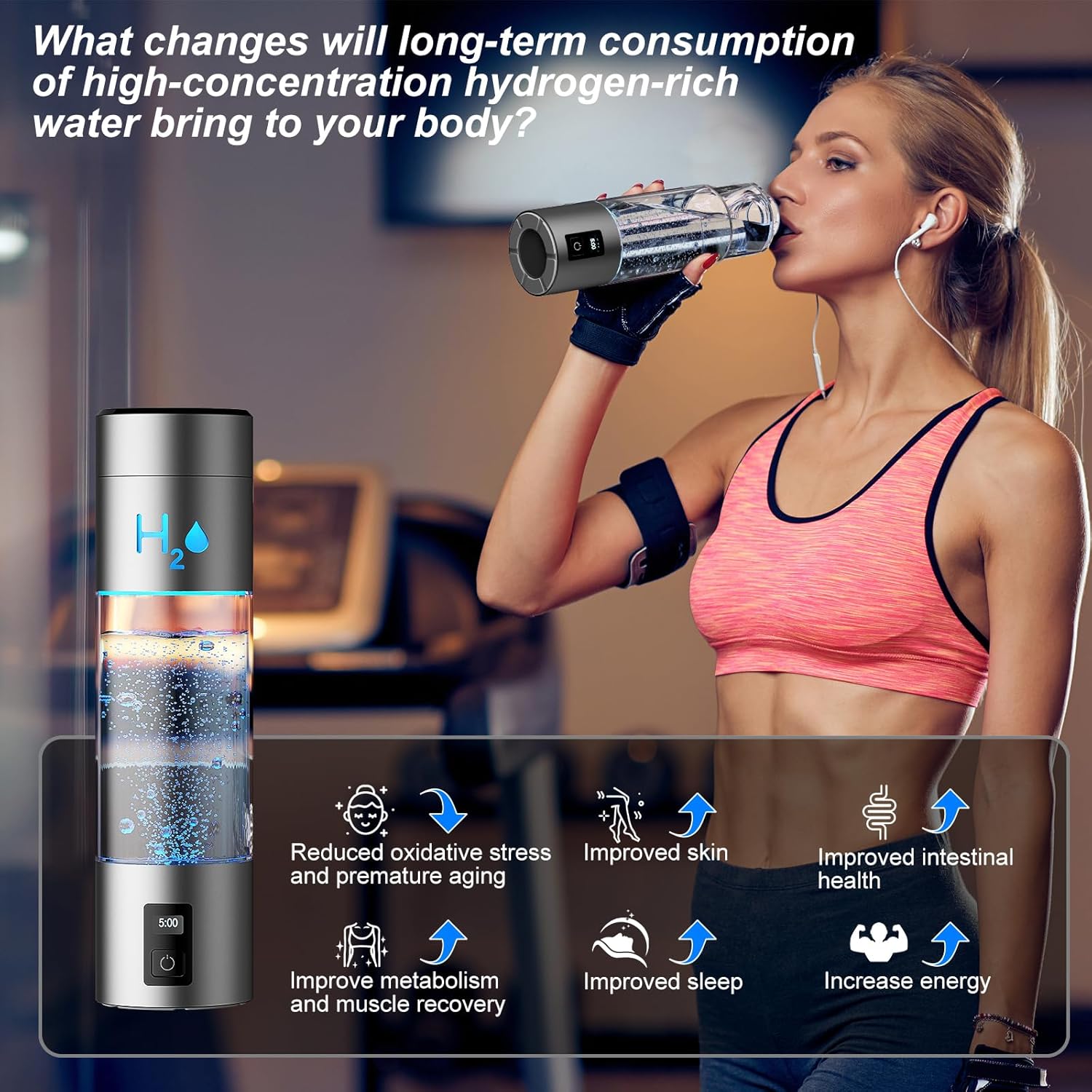 9.5oz High-grade Portable Hydrogen Water Bottle with Food-grade PC Cup Body & HydrogenLock Tech, Up to 6000ppb in 10mins/4000ppb in 5mins, Hydrogen Water Bottle Generator with SPE & PEM Tech