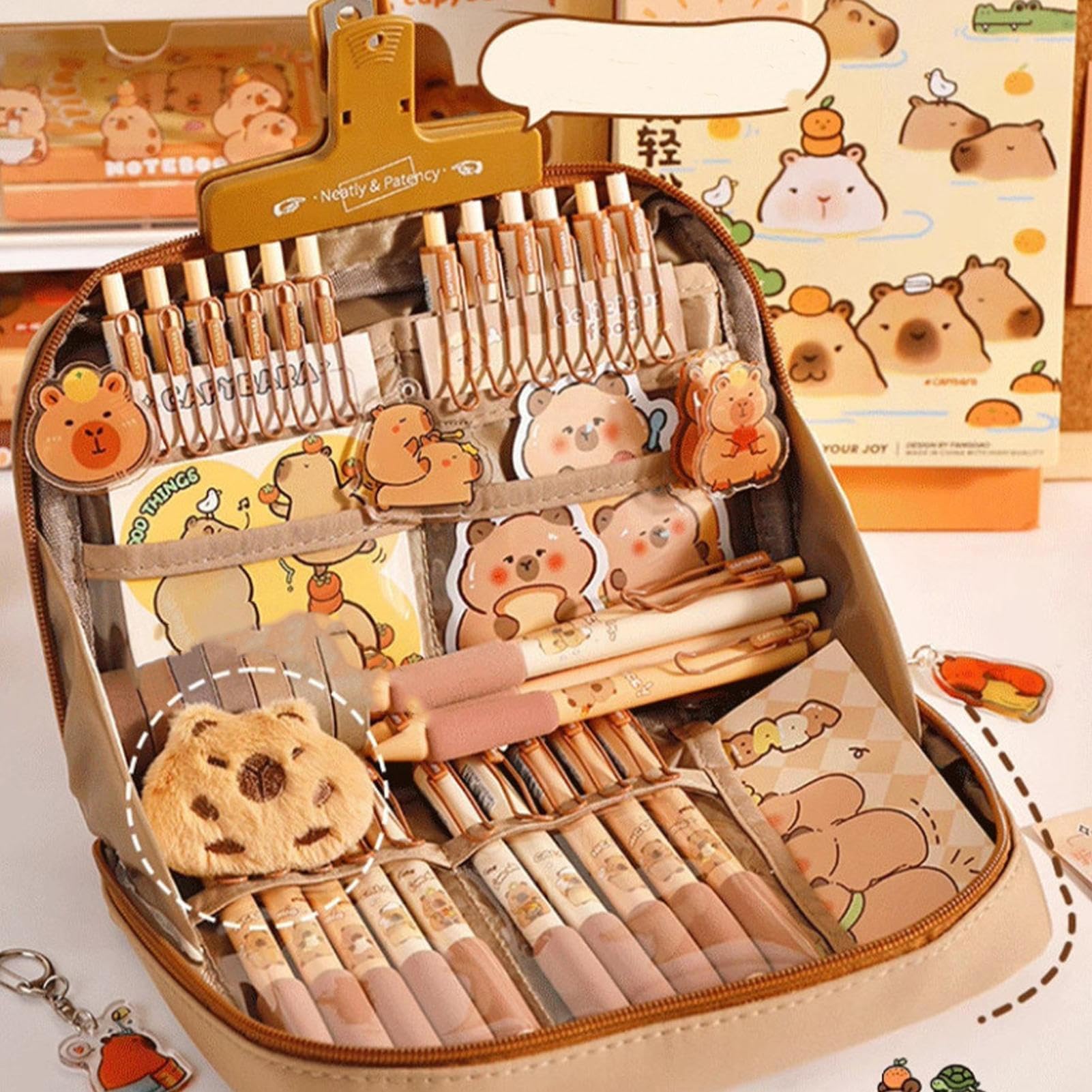 Simpatico set di cancelleria Capybara, organizer per penne per studenti, grazioso astuccio con penne, clip, righelli e altro, multi scomparti, organizer per matite con ampia apertura, per ufficio