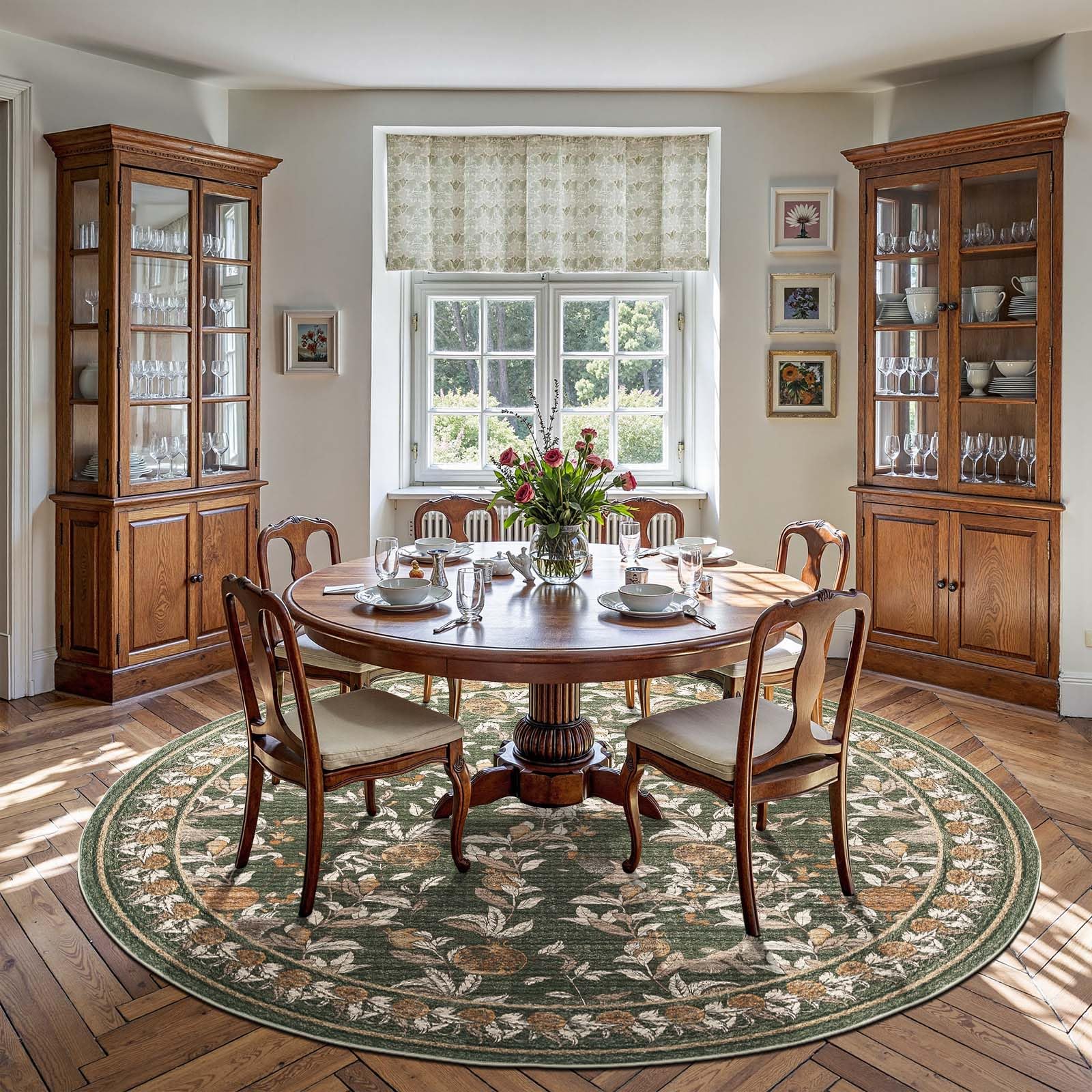 jinchan Eden Floral Round Rug 8ft Area Rug Washable Vintage Soft Non-Slip Distressed Orange Green 8' Circle Carpet Low Pile Accent Rug for Living Room