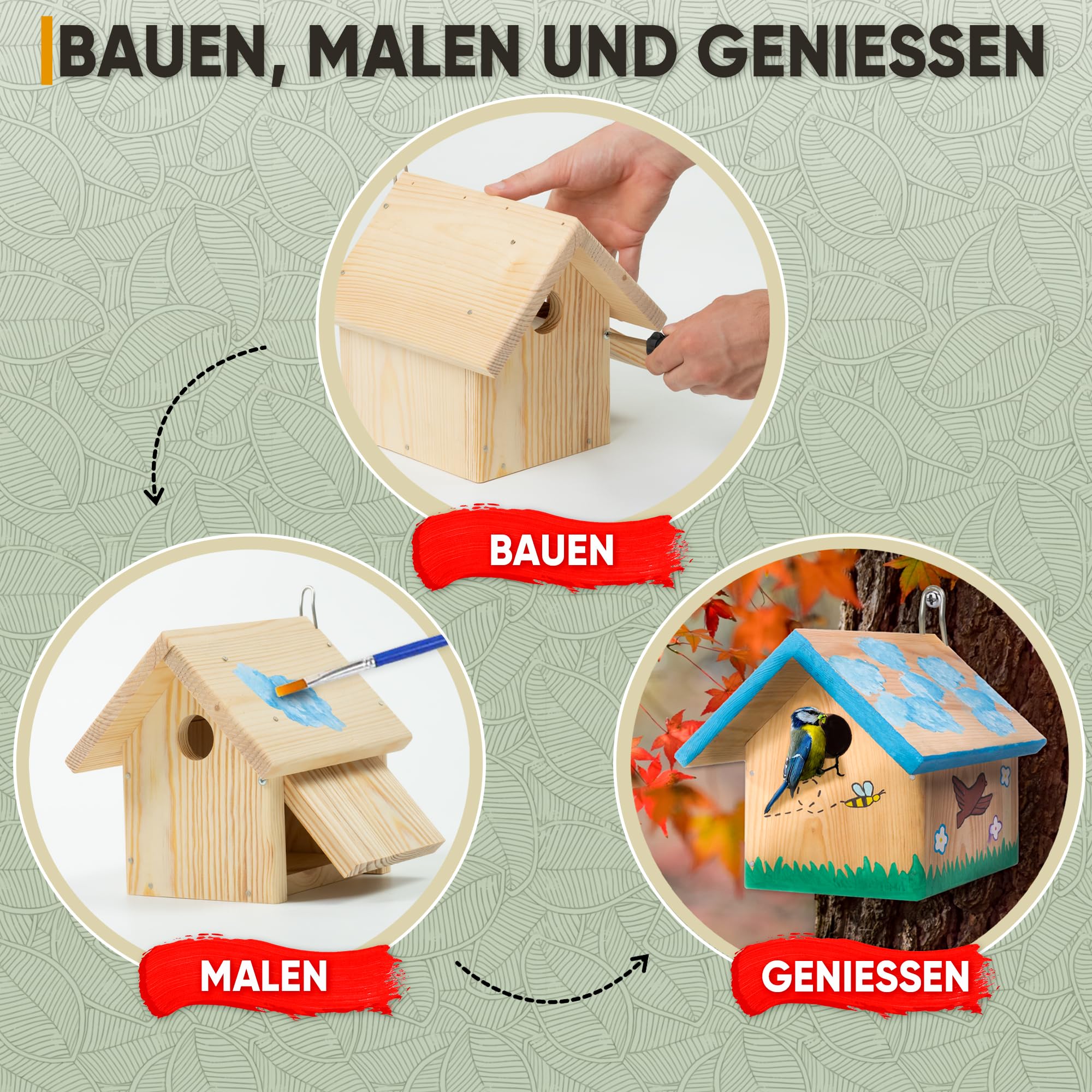 Mice&Co Vogelhaus aus Holz zum Bemalen | DIY Bastelset Nistkasten Garten | Mit 12 Farben und 2 Pinseln | Bauen, Bemalen und Gestalten als Familie