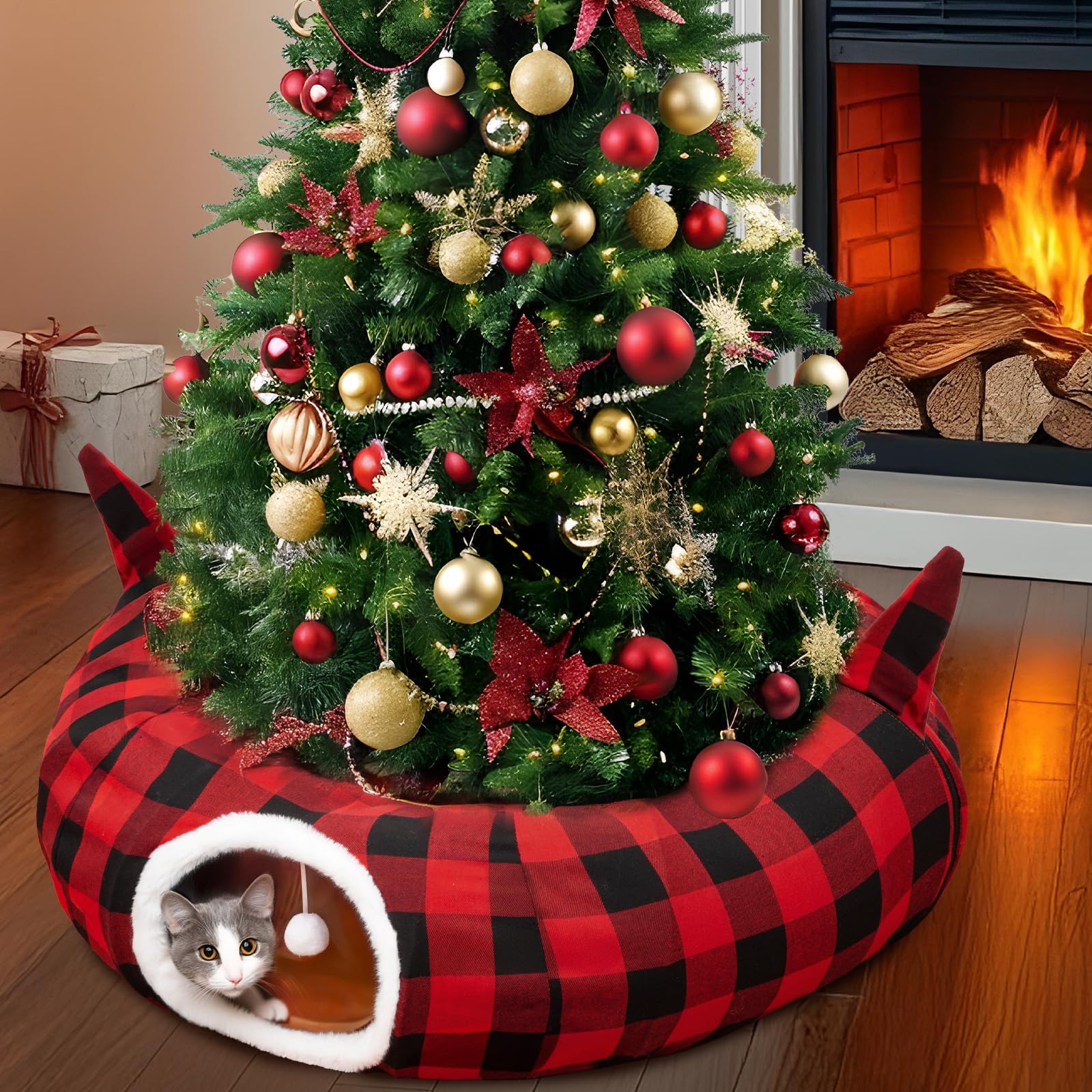 OurWarm Katzentunnel mit Weihnachtsbaumrock, Katzenbetten für Indoor-Katzen mit hängendem Ball, Büffelkariert, Weihnachtsdekorationen, Katzenhöhle für Katzen und Kleintiere, Innen- und