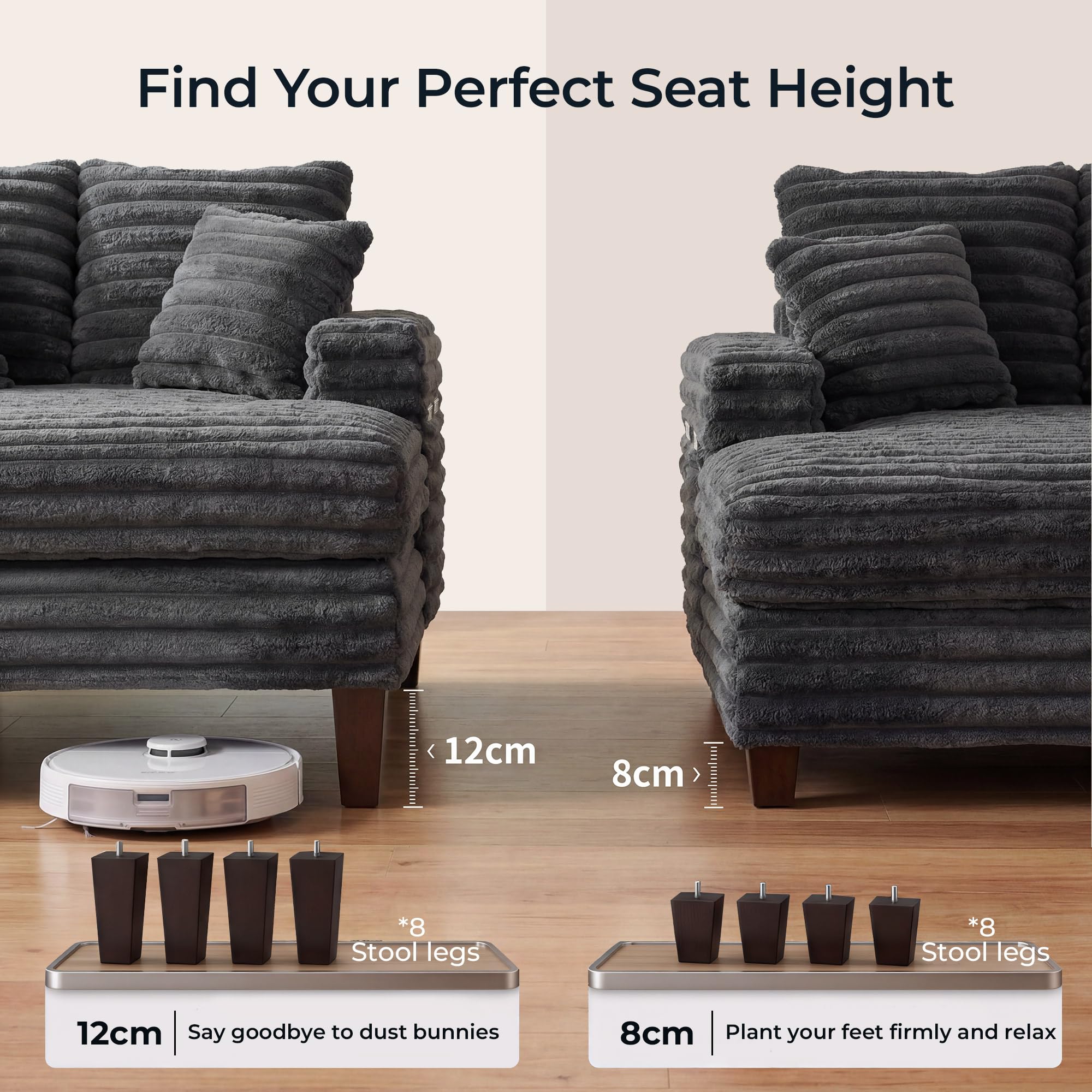 163cm Chaiselongue Sofa mit Massivholzrahmen, Big Loungesofa mit Liegefunktion für Wohnzimmer & Lese-Ecke, Einzelsessel aus Plüsch-Cord mit 2 Getränkehaltern & 4 Seitentaschen, 2 Sets Sofa-Füße, Grau