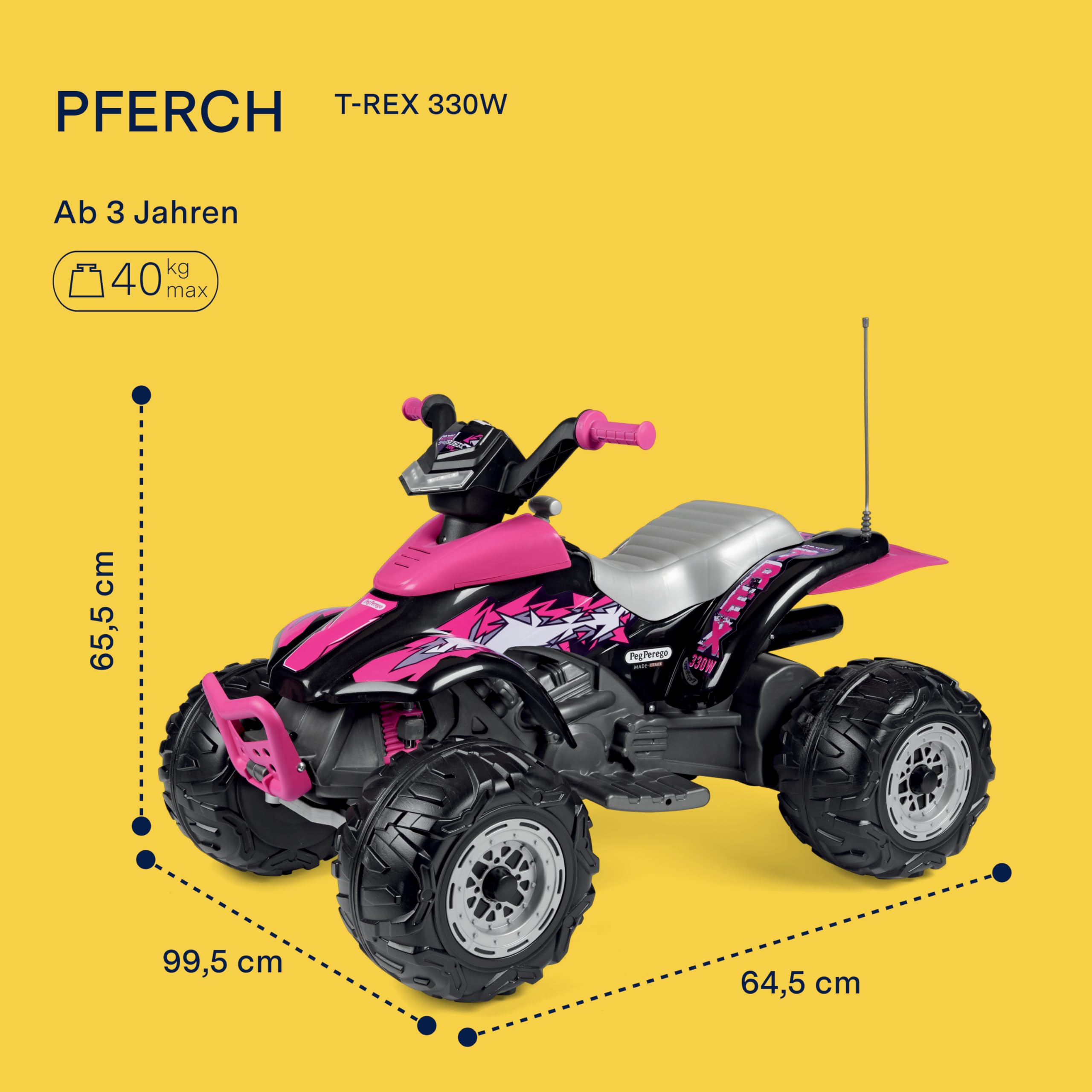 PEG Corral T-Rex 330W Pink Elektroquad für Kinder ab 3 Jahren mit LED-Lichtern, Sounds, 2 Gängen und Rückwärtsgang, Wiederaufladbarer Akku 12V Spielzeug